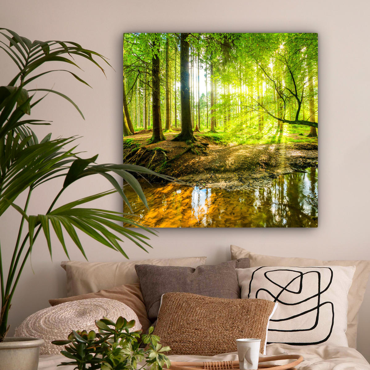LEINWANDBILD Wald - Landschaft - Wasser - Bäume - Sonne - Grün - Natur 90x90 cm - Grün, Textil (90/90cm) - MuchoWow