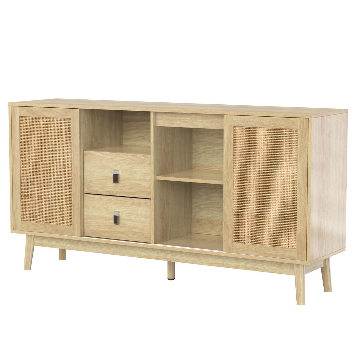 SIDEBOARD aus MDF/Spanplatte mit Rattan-Schiebetüren und 2 Schubladen, 155/38/80 cm，Naturfarben - Naturfarben, Holzwerkstoff (38/80/155cm) - Redom