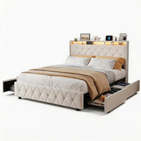POLSTERBETT 160x200 cm, LED-Beleuchtung Doppelbett mit Ladefunktion und 4 Schubladen, Samt, beige - Beige, Holz/Holzwerkstoff (160/200cm) - GENKI LIVING