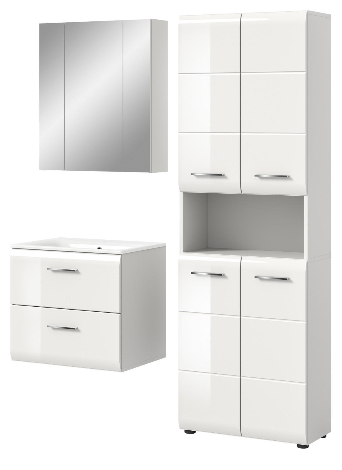 BADMÖBEL SET 3-teilig in weiß Hochglanz Badkombination 135 x 185 cm Cover - Weiß Hochglanz/Schwarz, Holzwerkstoff/Kunststoff (135/185/46cm) - Inn.Furn