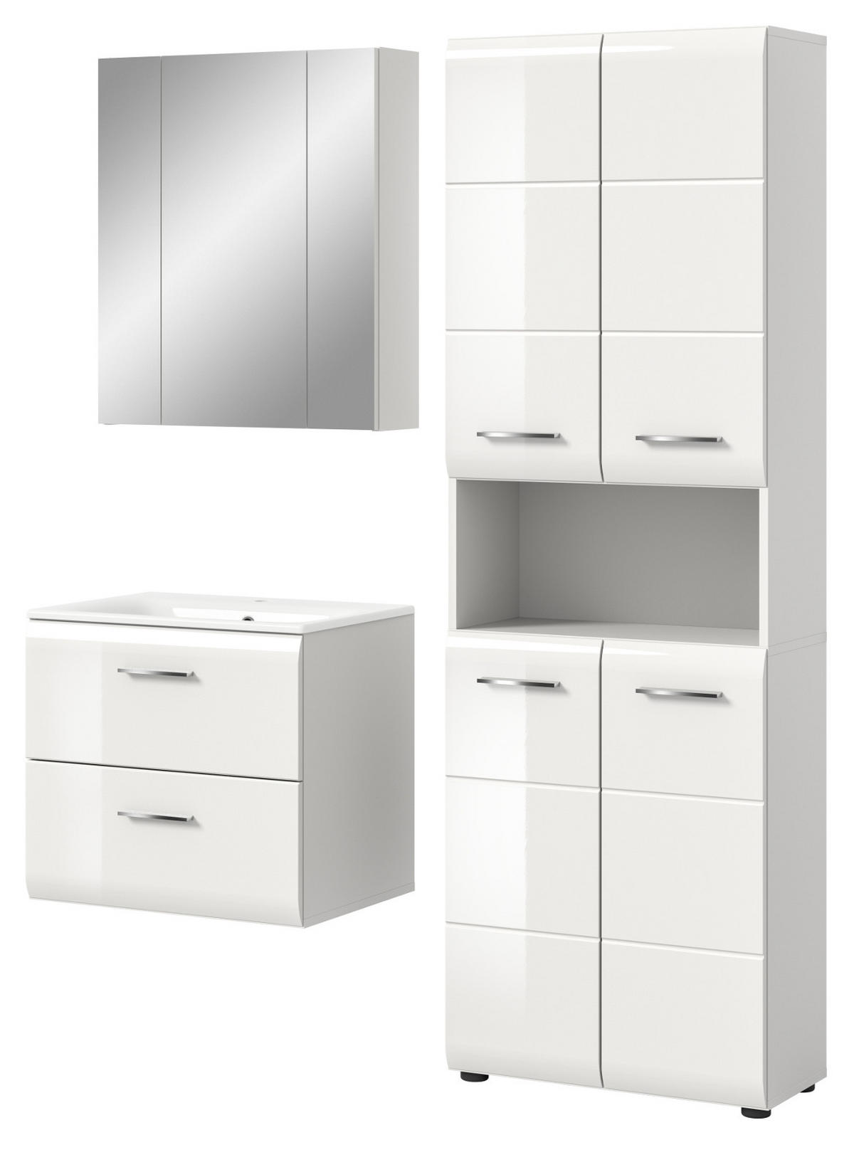 BADMÖBEL SET 3-teilig in weiß Hochglanz Badkombination 135 x 185 cm Cover - Weiß Hochglanz/Schwarz, Holzwerkstoff/Kunststoff (135/185/46cm) - Inn.Furn