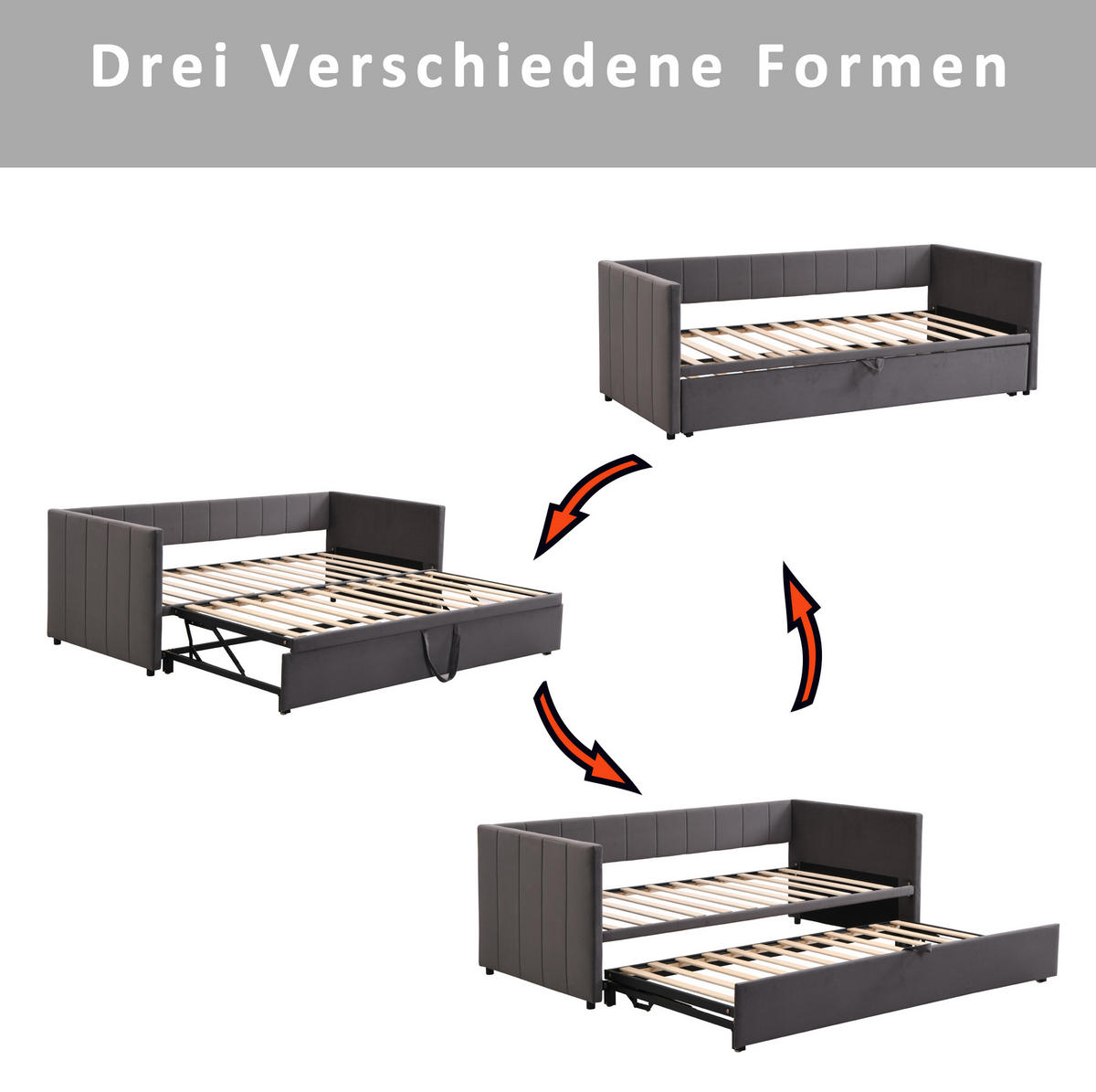 POLSTERBETT 90/200 cm ausziehbar auf 180/200 cm mit Lattenrost und Rückenlehne, Grau - Grau, Textil (90/200cm) - Redom