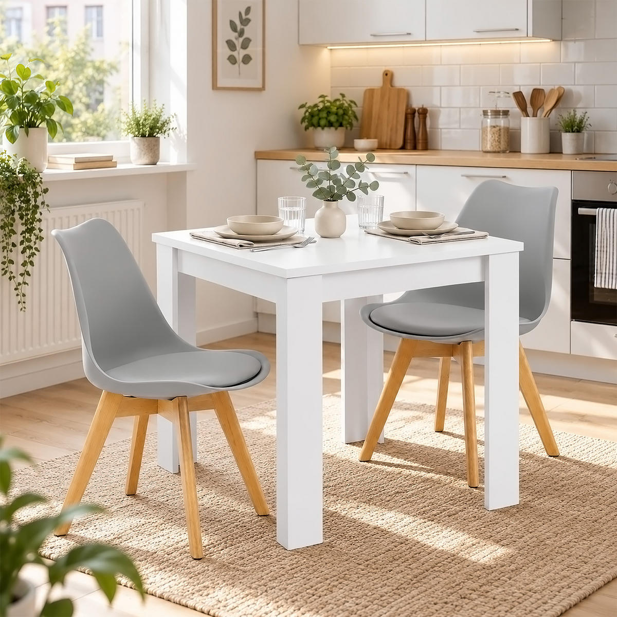 TISCHGRUPPE 80/80 cm Weiß mit 2 Stühlen grau - Beige/Weiß, Holz/Kunststoff (80/80/80cm) - Homestyle4u