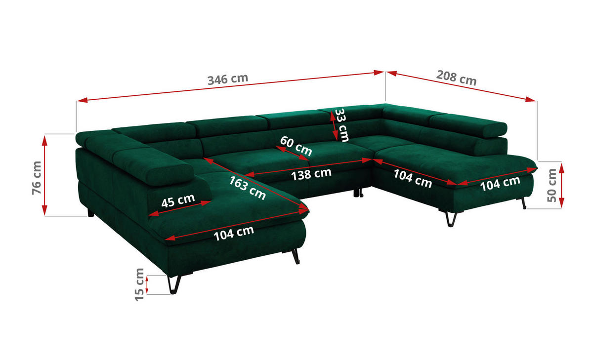 WOHNLANDSCHAFT PABLO U Velvet Dunkelgrün - Dunkelgrün/Schwarz, Textil/Metall (346/76/208cm) - MKS