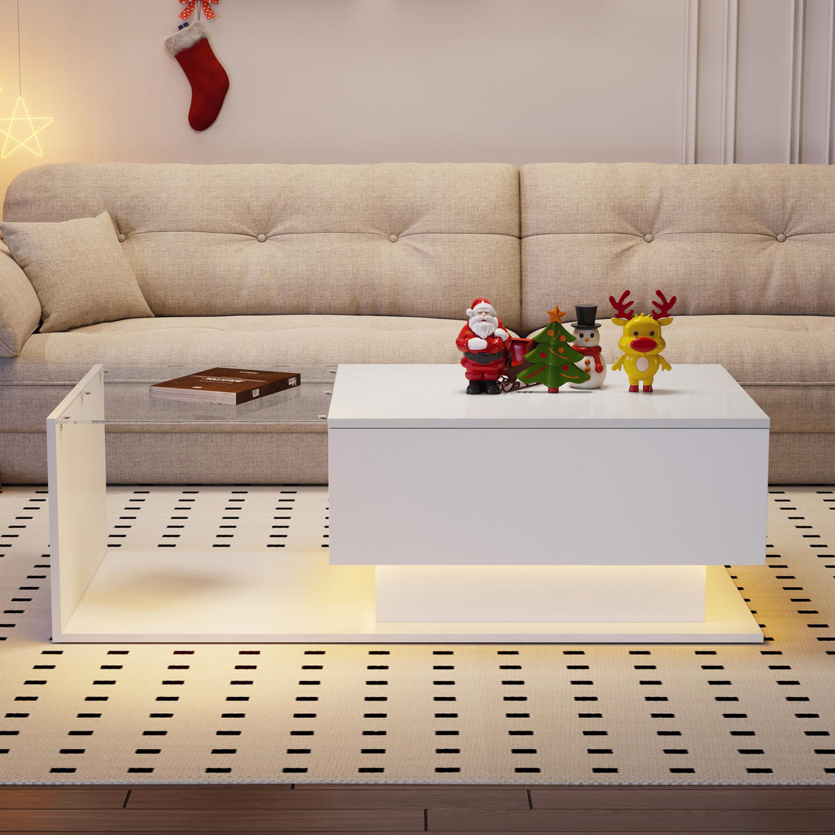 COUCHTISCH 100/50/32 cm in Weiß mit Glasplatte, Schublade und LED-Beleuchtung - Weiß, Holzwerkstoff (100/50/32cm) - Flora Grace