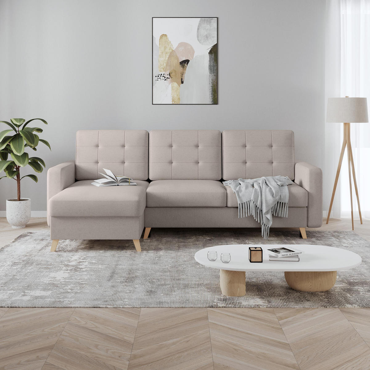 ECKSCHLAFSOFA Vinci mit universelle Ottomane, Cappuccino - Buchefarben/Cappuccino, Textil (236/151cm) - Beautysofa