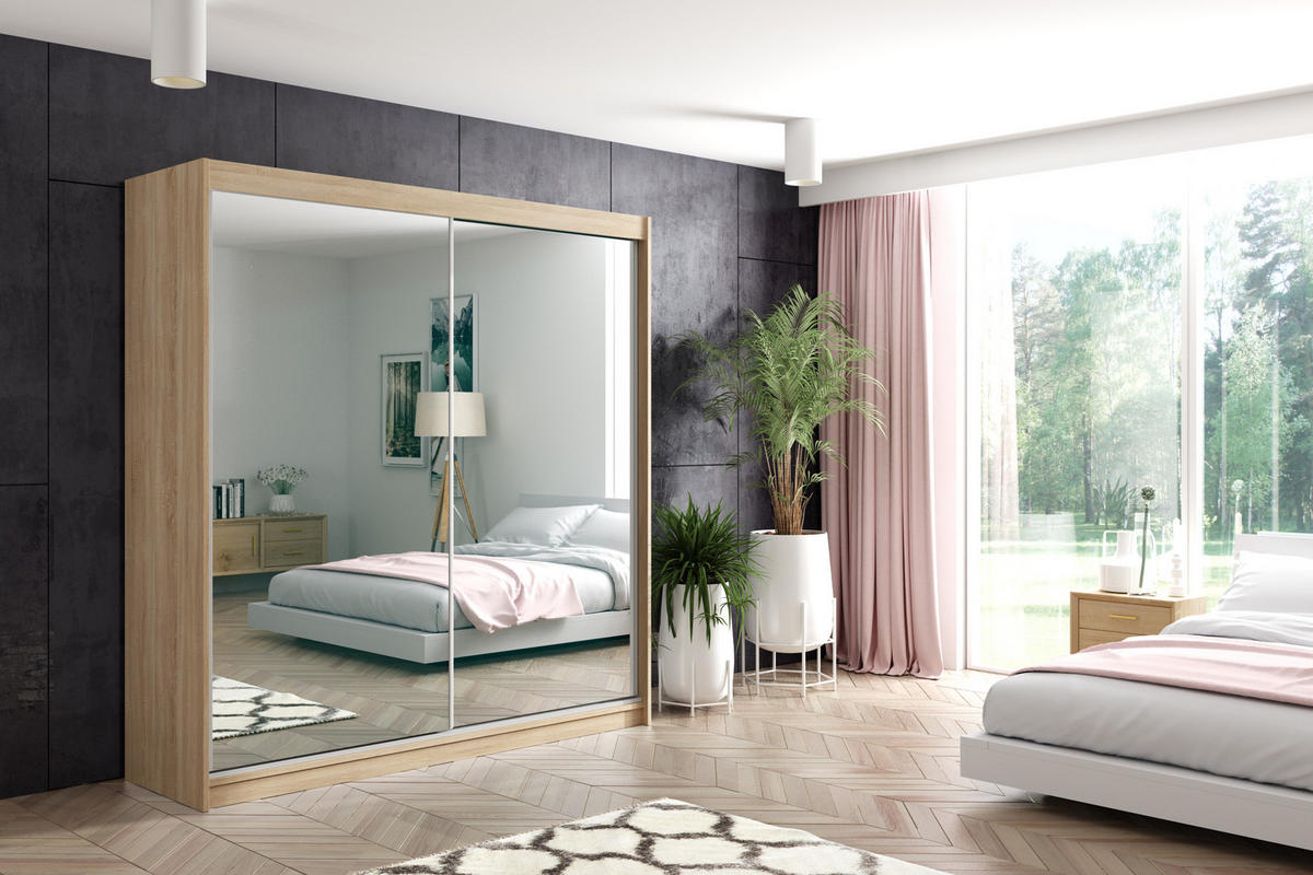 KLEIDERSCHRANK mit Spiegel-Schiebetüren und Aluminium-Leisten, LED-Beleuchtung - DEBI - 180 cm Sonoma - Sonoma Eiche, Holzwerkstoff (180/216/61cm) - ALTDECOR