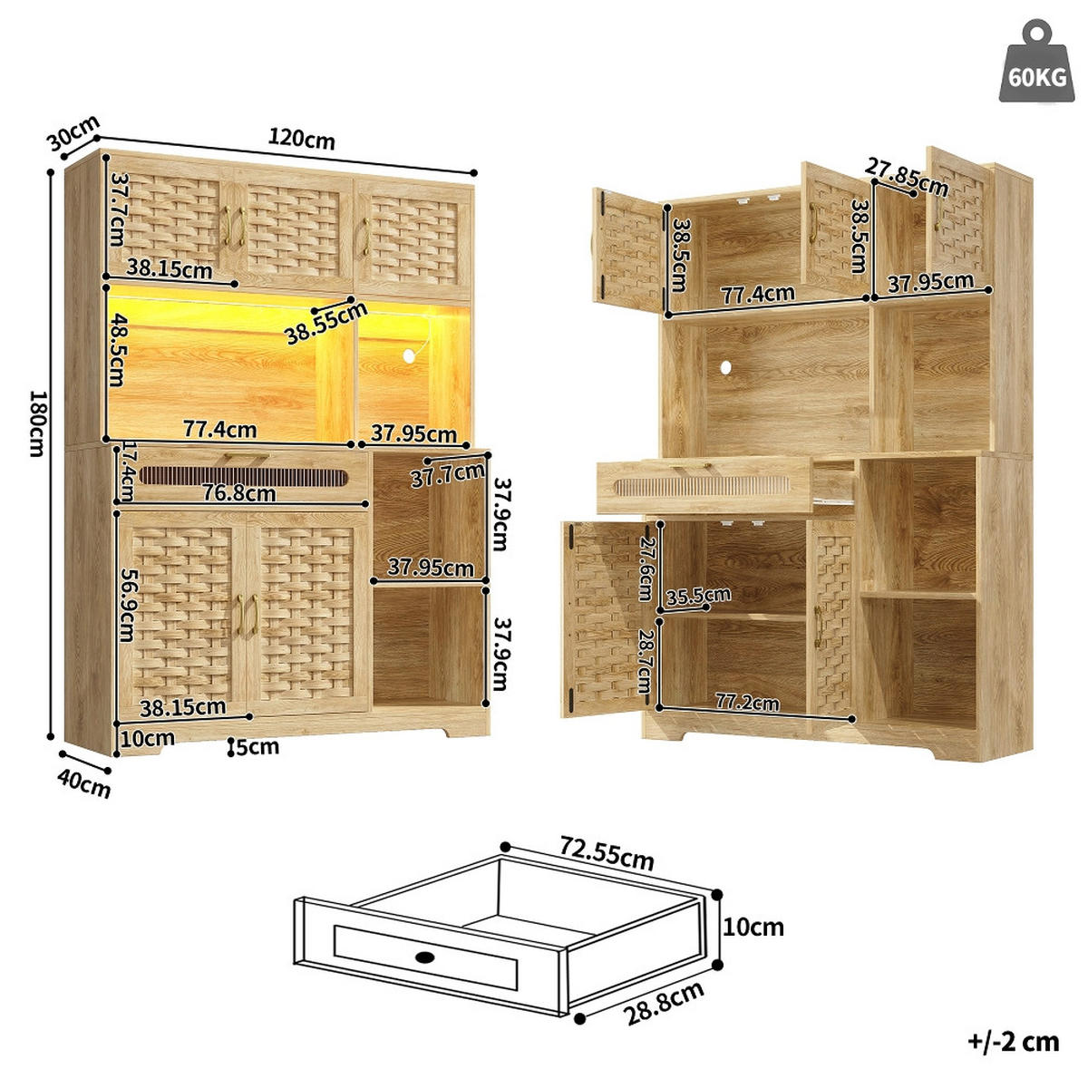 KÜCHENSCHRANK MIT APP-STEUERUNG UND LED, Vitrinenschrank mit Glastüren und Schubladen, MDF, für Wohnzimmer und Esszimmer, 120/180/40 cm - Naturfarben, Kunststoff (40/180/120cm) - Rolipo