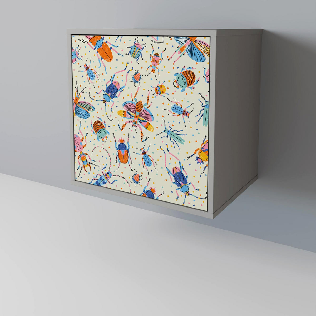 SIDEBOARD COLORFUL INSECTS, Grau, 57,5x42x67,5 cm, Schwarze Metall-Rahmenfüße - Multicolor/Schwarz, Holzwerkstoff/Metall (57.5/67.5/42cm) - SpaceRebels