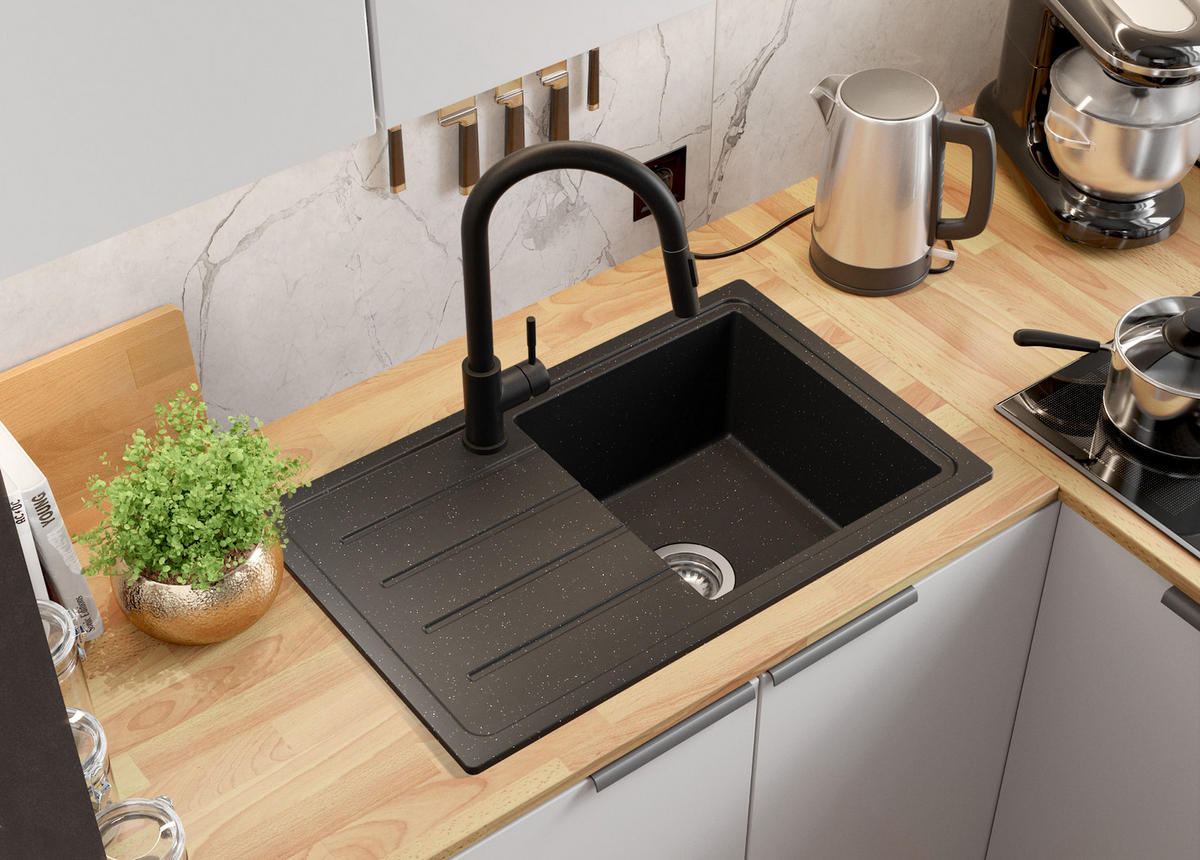 SPÜLBECKEN Kopenhagen Easy, 2-er set Schwarz Metallic 70/44 cm 1 Becken + Ablauf-Set ab 45er Unterschrank - Chromfarben/Schwarz Hochglanz, Kunststoff (70/20/44cm) - Primagran