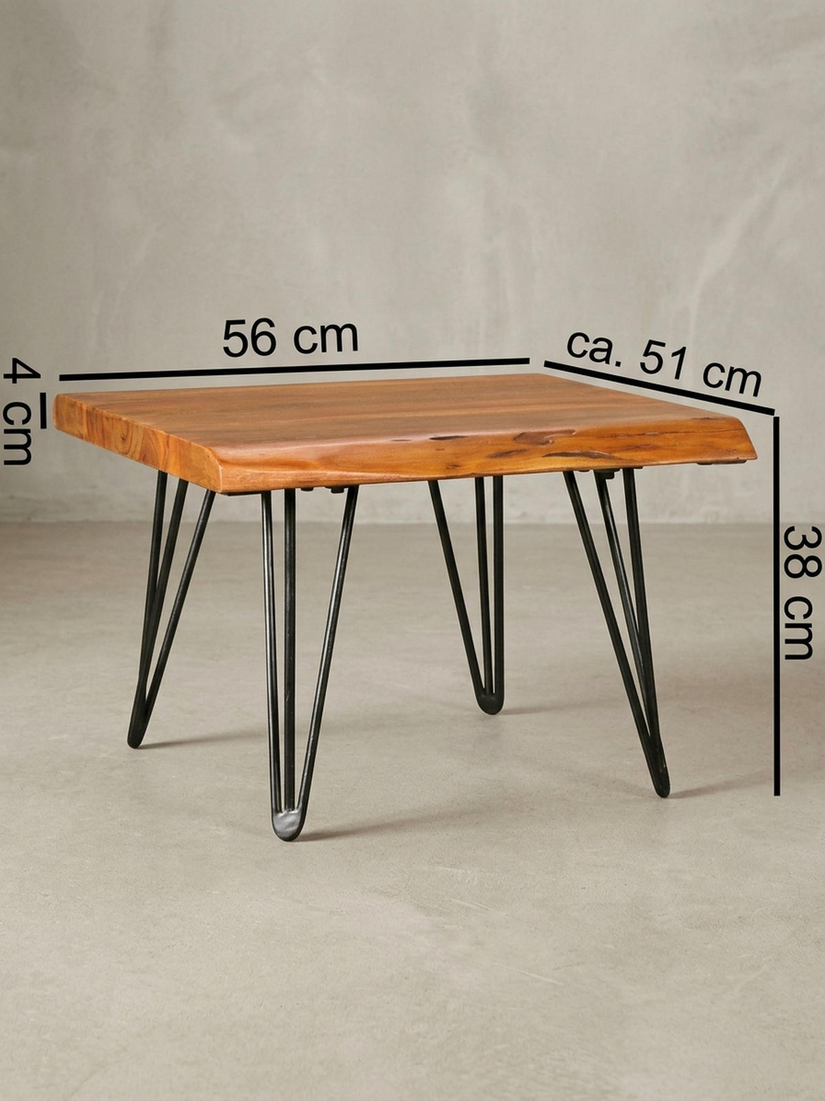 COUCHTISCH Massivholz Sheesham mit Baumkante und Haarnadelbeinen, Stil Natürlichkeit - Schwarz/Braun, Holz/Metall (51/56/38cm) - KADIMA DESIGN