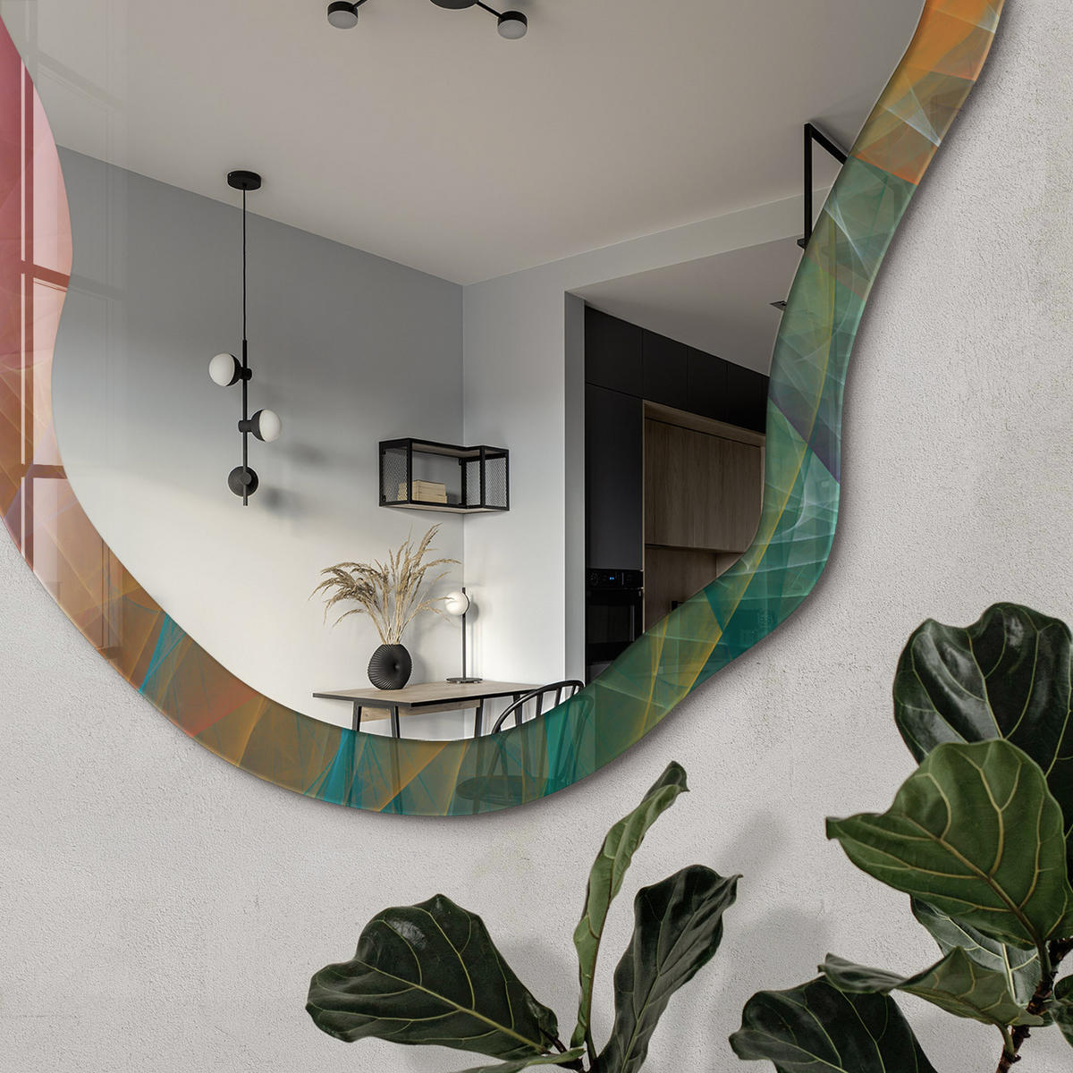 SPIEGEL 90x45 cm asymmetrisch mit Druck - Abstrakter Wirbel - Transparent, Glas (45/90/0.4cm) - TULUP