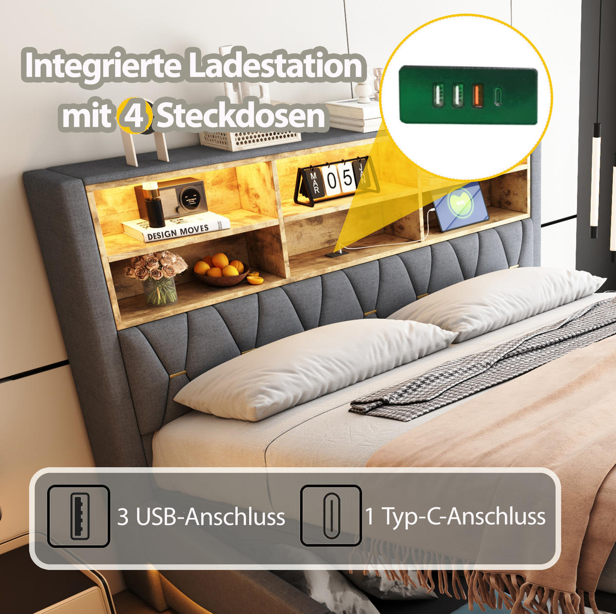 POLSTERBETT 180/200 cm Grau aus Leinen mit Bettkasten und LED-Beleuchtung - Grau, Metall (180/200cm) - OKMYHOME