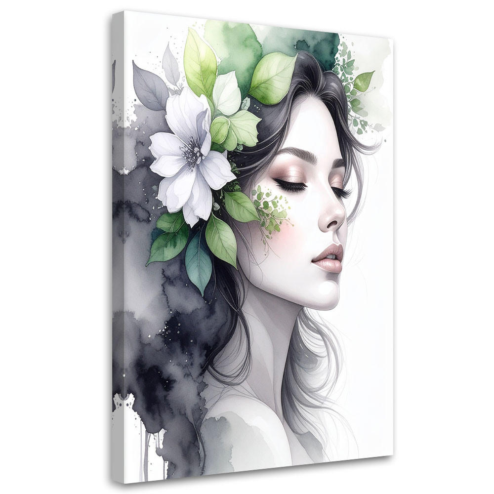 LEINWANDBILD Frau mit grünen Blumen auf dem Kopf 60x90cm - Grau, Textil (60/90cm) - Feeby