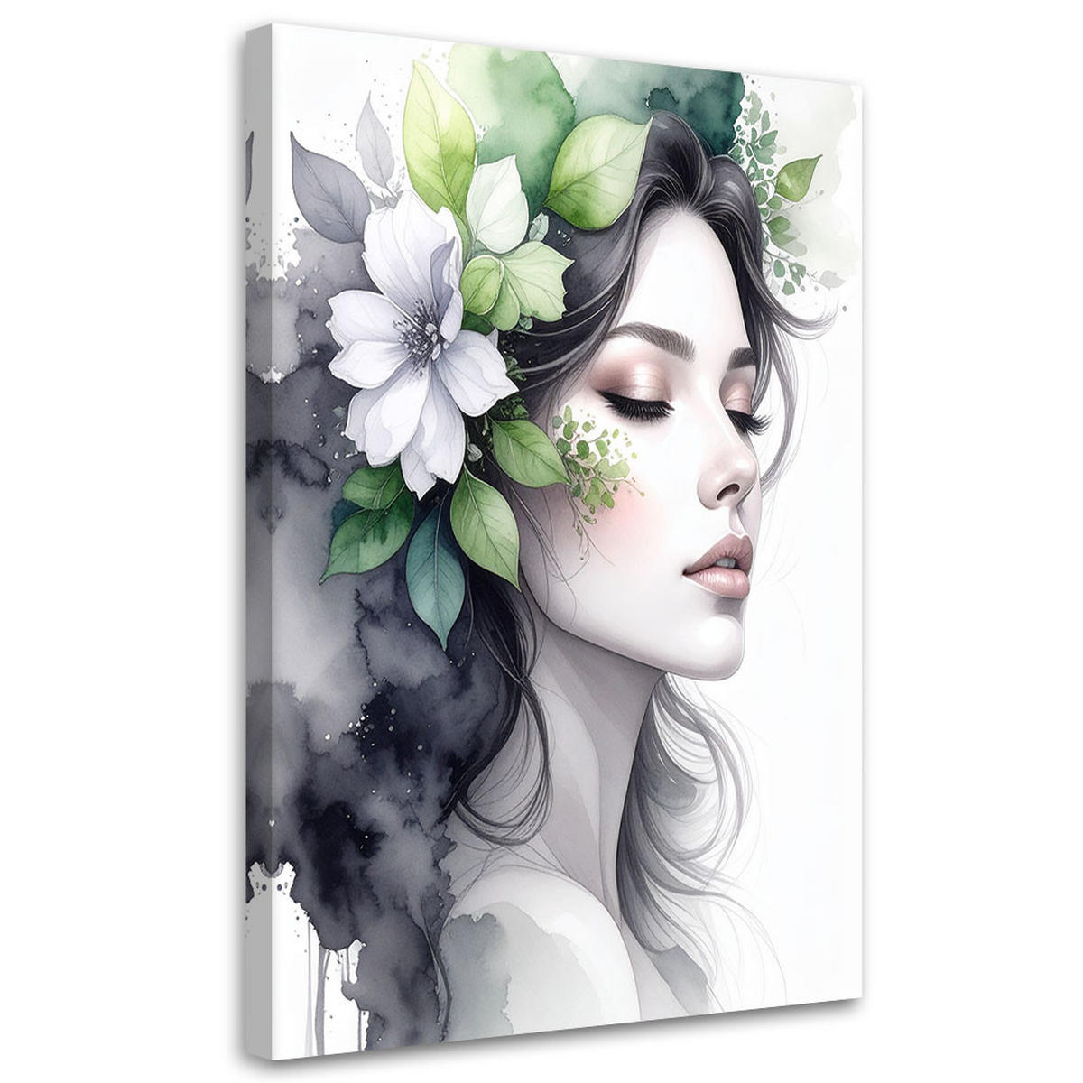 LEINWANDBILD Frau mit grünen Blumen auf dem Kopf 60x90cm - Grau, Textil (60/90cm) - Feeby