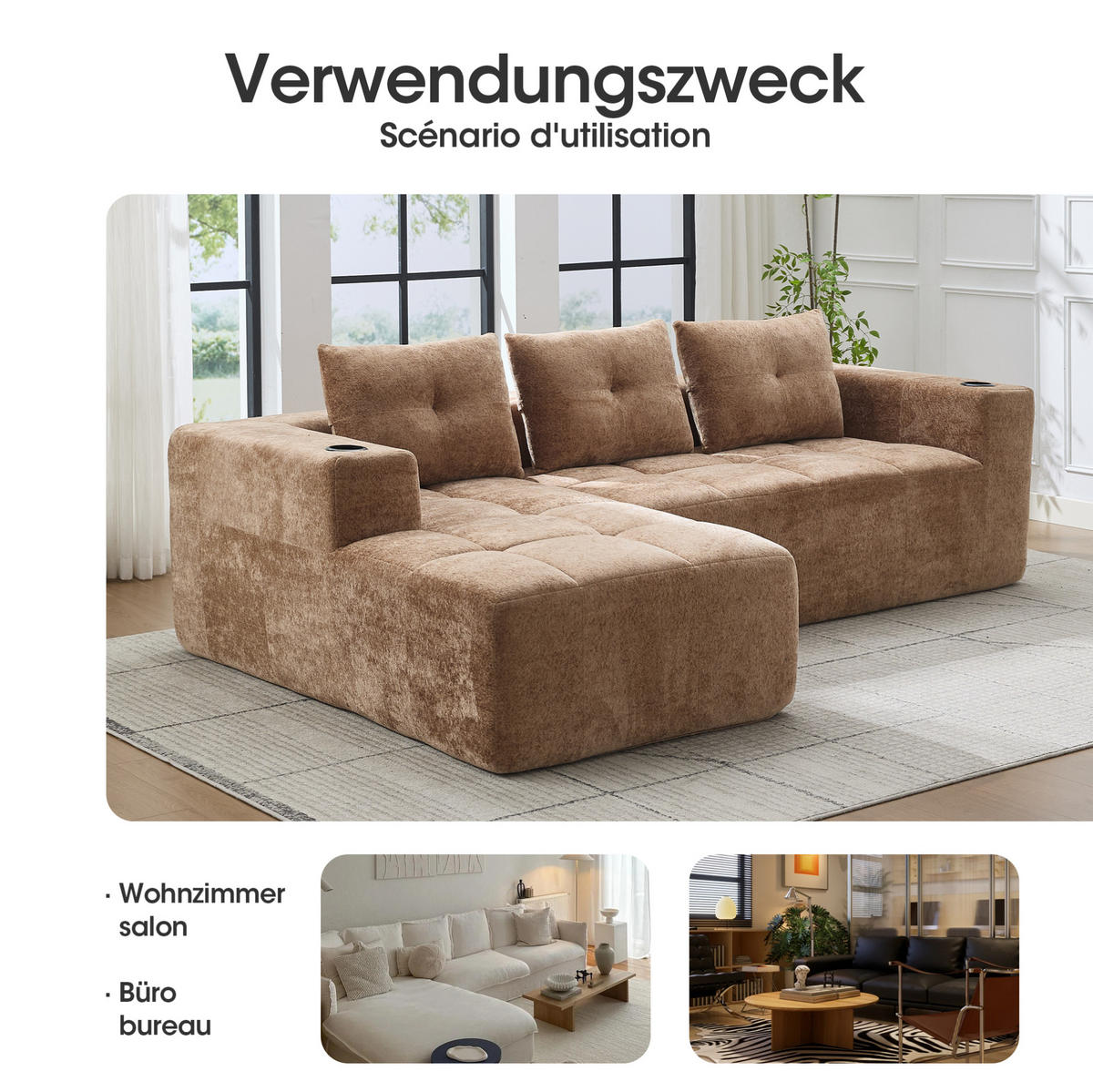 ECKSOFA 258 cm mit Becherhaltern, tiefem Sitzkomfort und Chenille-Bezug, Hellbraun - Hellbraun, Textil (258/163cm) - Redom