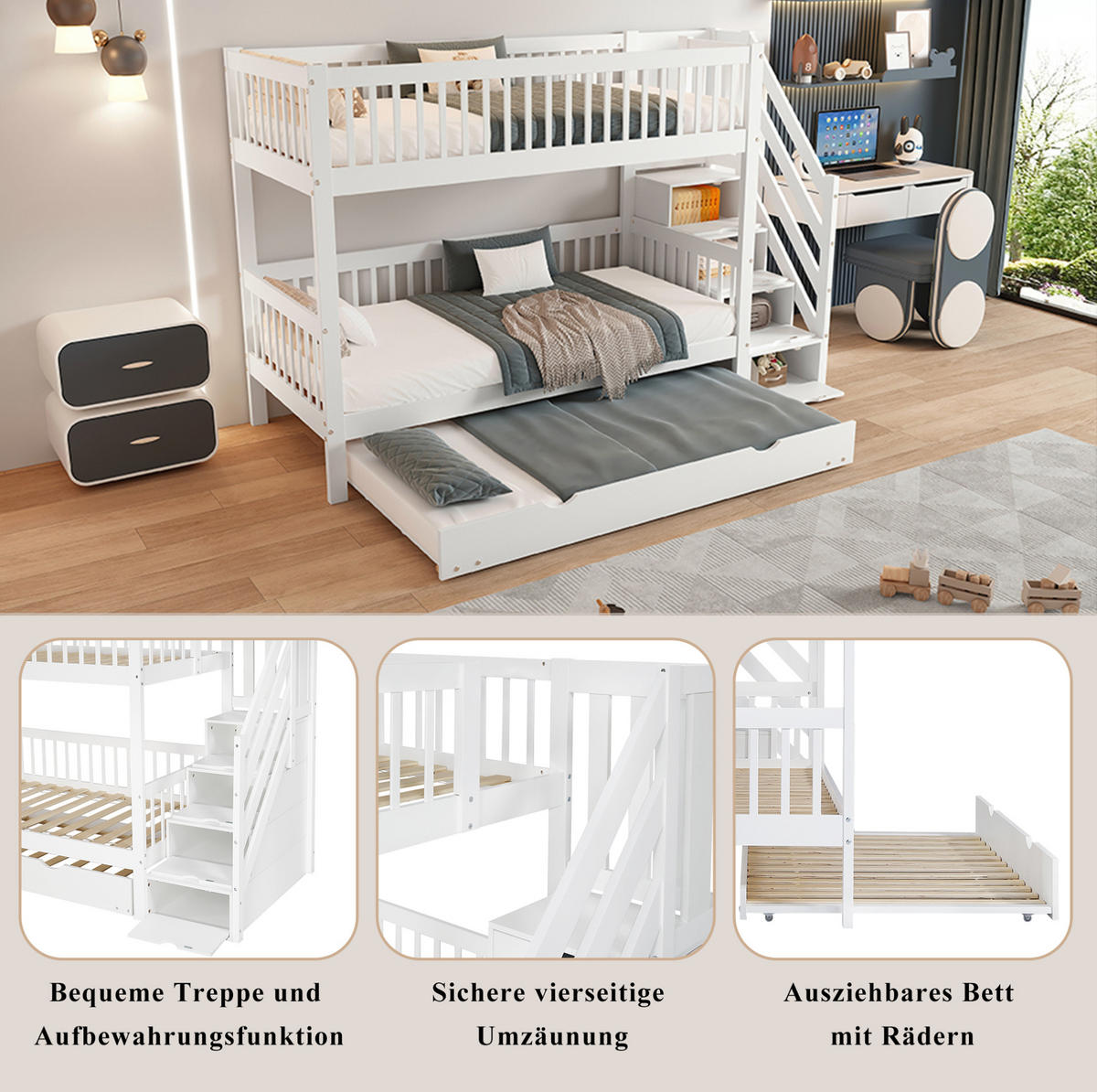 ETAGENBETT 90/200 cm aus Kiefer und MDF mit Rollbett, Leiterschrank und Rundum-Fallschutz, Weiß - Weiß, Holz (90/200cm) - Redom