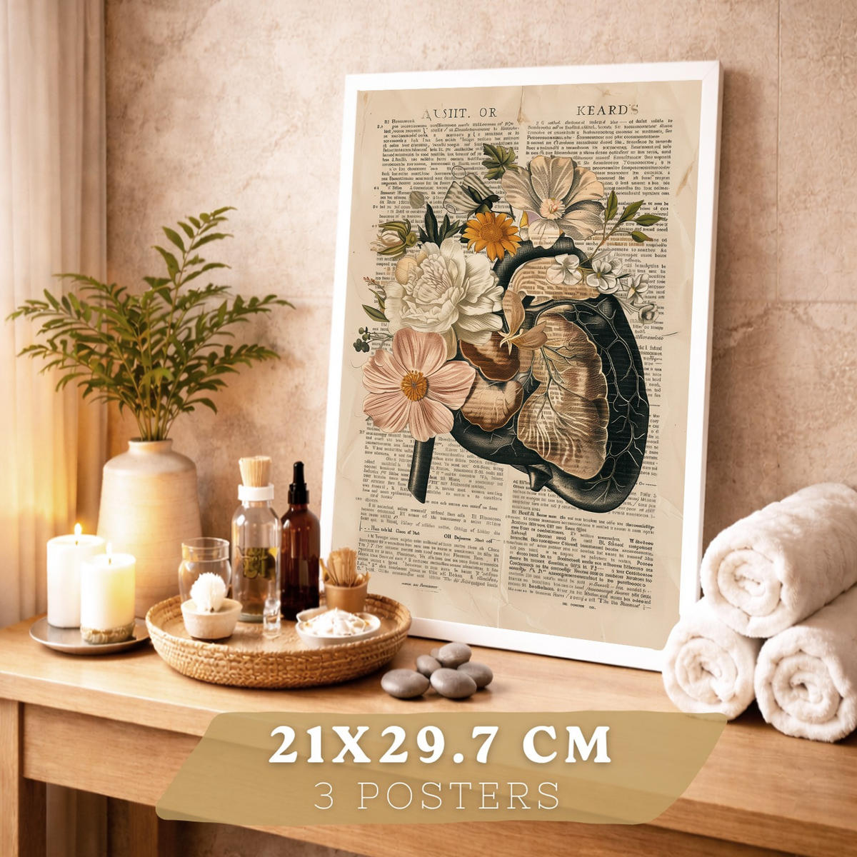 POSTER Set aus 3 Anatomie Mensch Drucke und Wandbilder mit Leber Rippen und Schädel Retro Floraler Stil Wanddekoration Größe Weißer Rahmen A4 - Weiß, Papier (21/29.7/3cm) - Nacnic