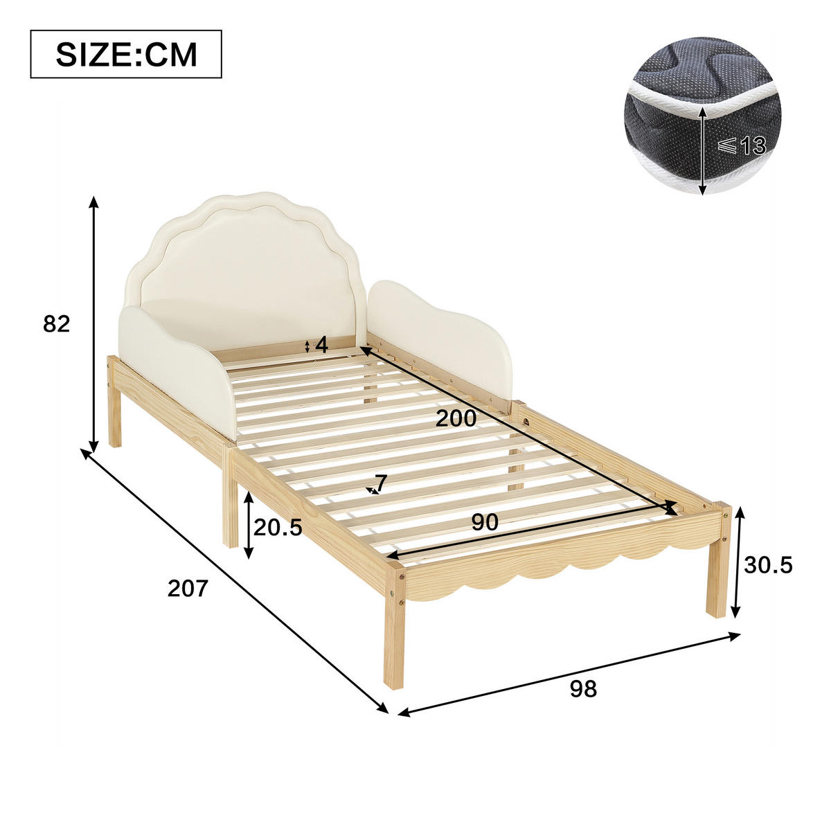 KINDERBETT 90/200 cm in Beige/Natur mit Schutzgeländer - Beige/Naturfarben, Holzwerkstoff/Textil (90/200cm) - WISHDOR