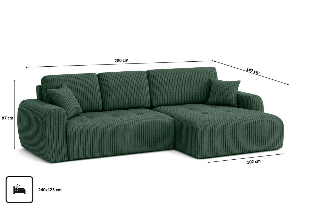 ECKSOFA Mit Schlaffunktion Und Bettkasten L-Form Ivo XL, Cordstoff Poso, Grün, Rechts - Grün, Holz (280/142cm) - Kaiser Möbel
