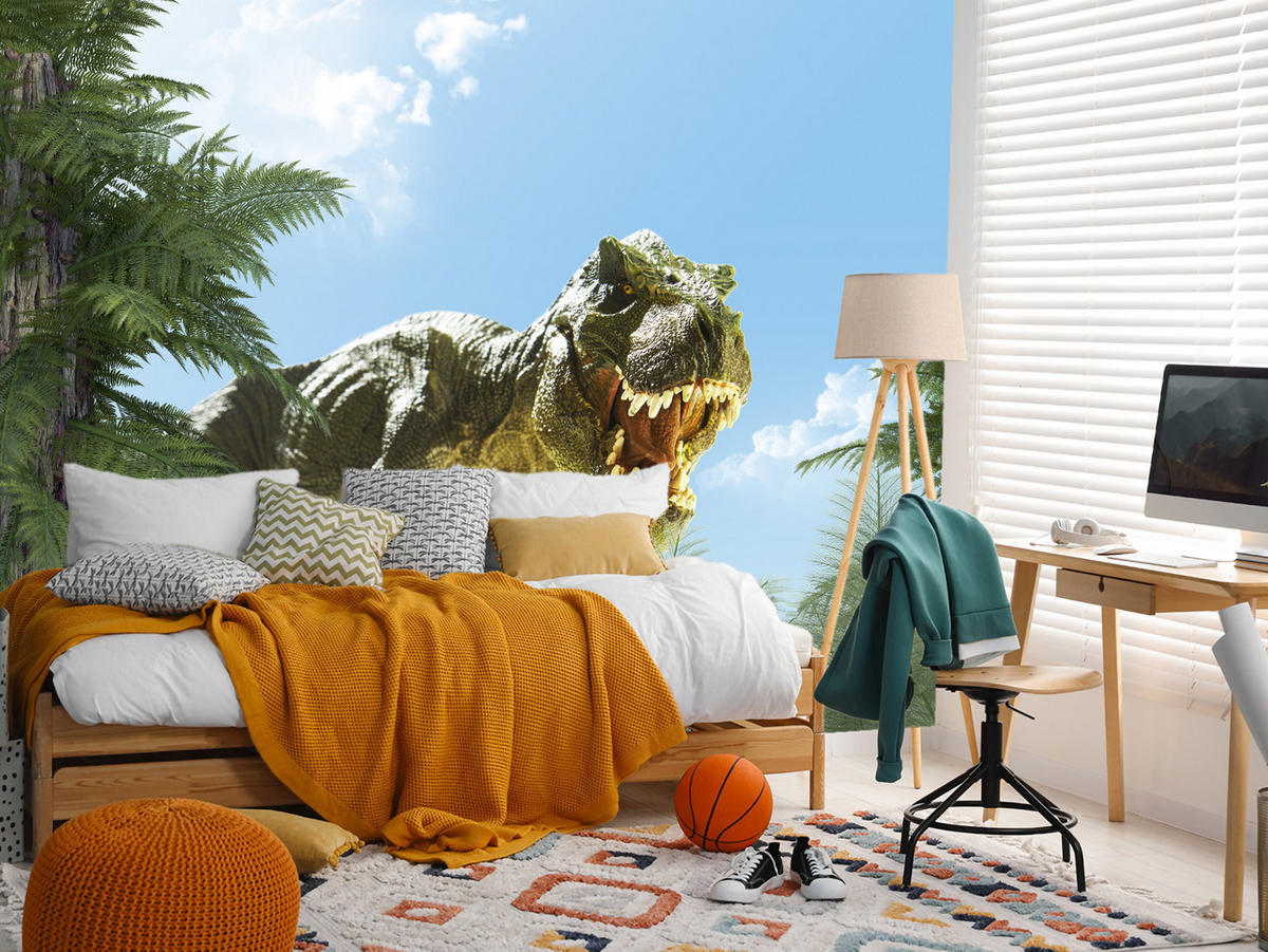 FOTOTAPETE für Jugendzimmer Riesen Dinosaurier Tropenwald Pflanzen 450x315 - Blau/Braun, Papier (450/315cm) - Muralo