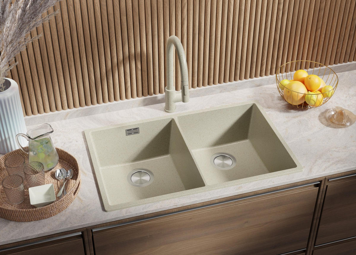 GRANITSPÜLE London Slim Twin, 2-er set Beige 76/47 cm 2 Becken + Küchenarmatur 38/14 cm + Ablauf-Set ab 80er Unterschrank - Chromfarben/Beige, Kunststoff (76/20/47cm) - Primagran