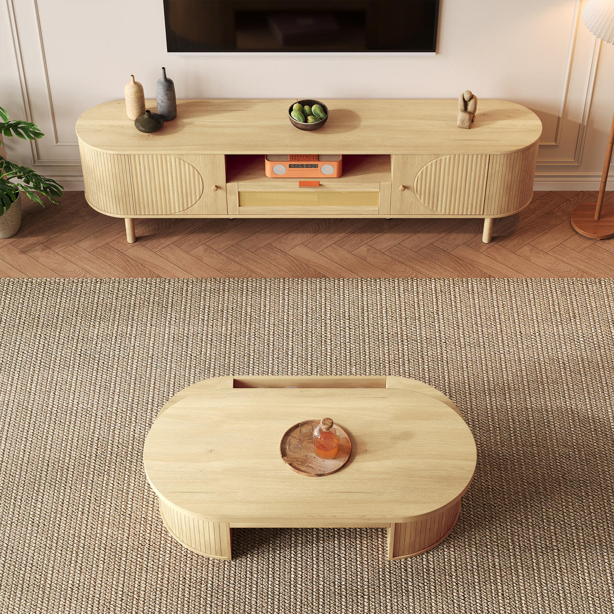 WOHNZIMMERSET Couchtisch TV-SCHRANK - Naturfarben, Holzwerkstoff (175/51/36cm)