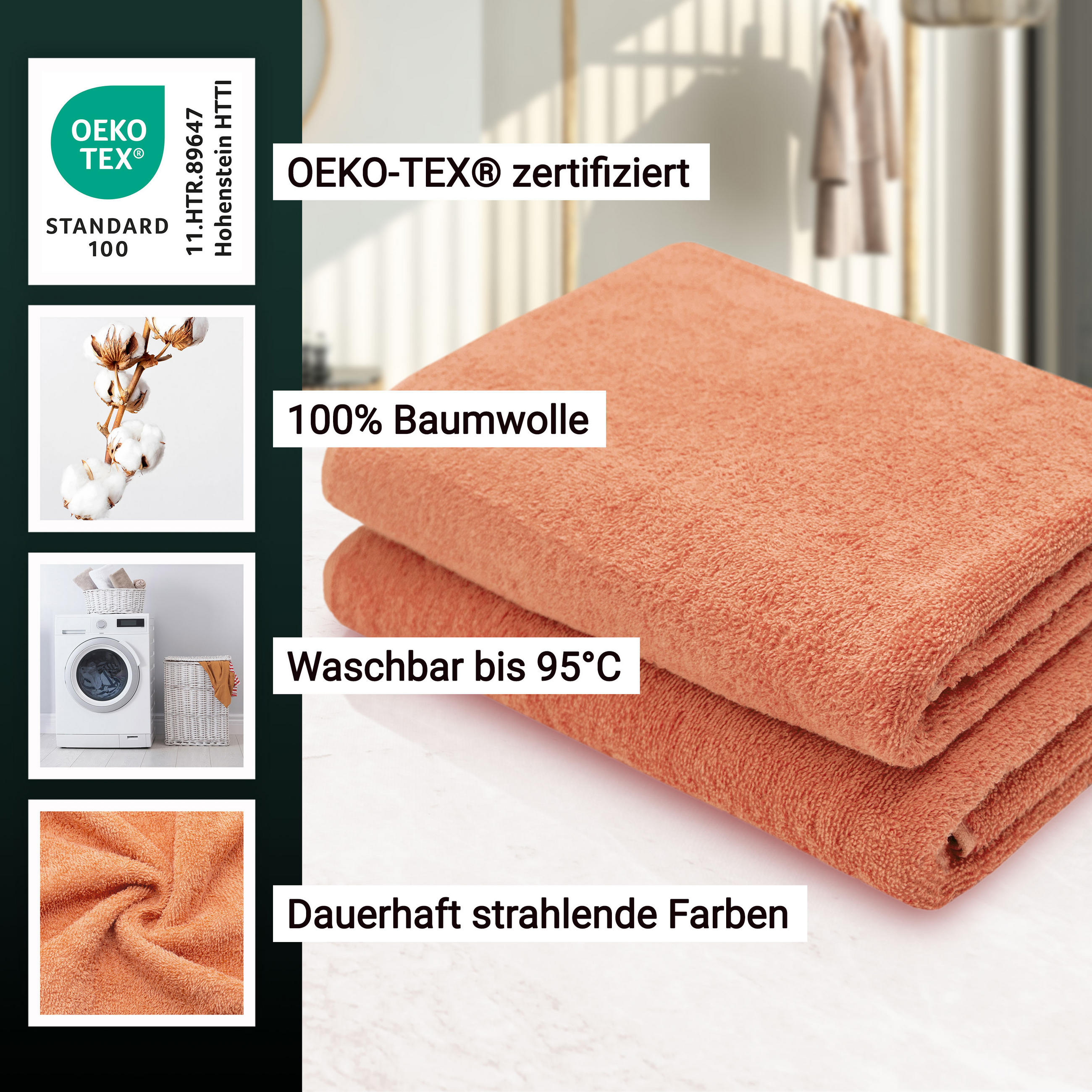 DUSCHTÜCHER, 2er-Set, 70x140 cm, 100% Baumwolle, Orange - Terra cotta, Textil (70/140cm) - Zollner