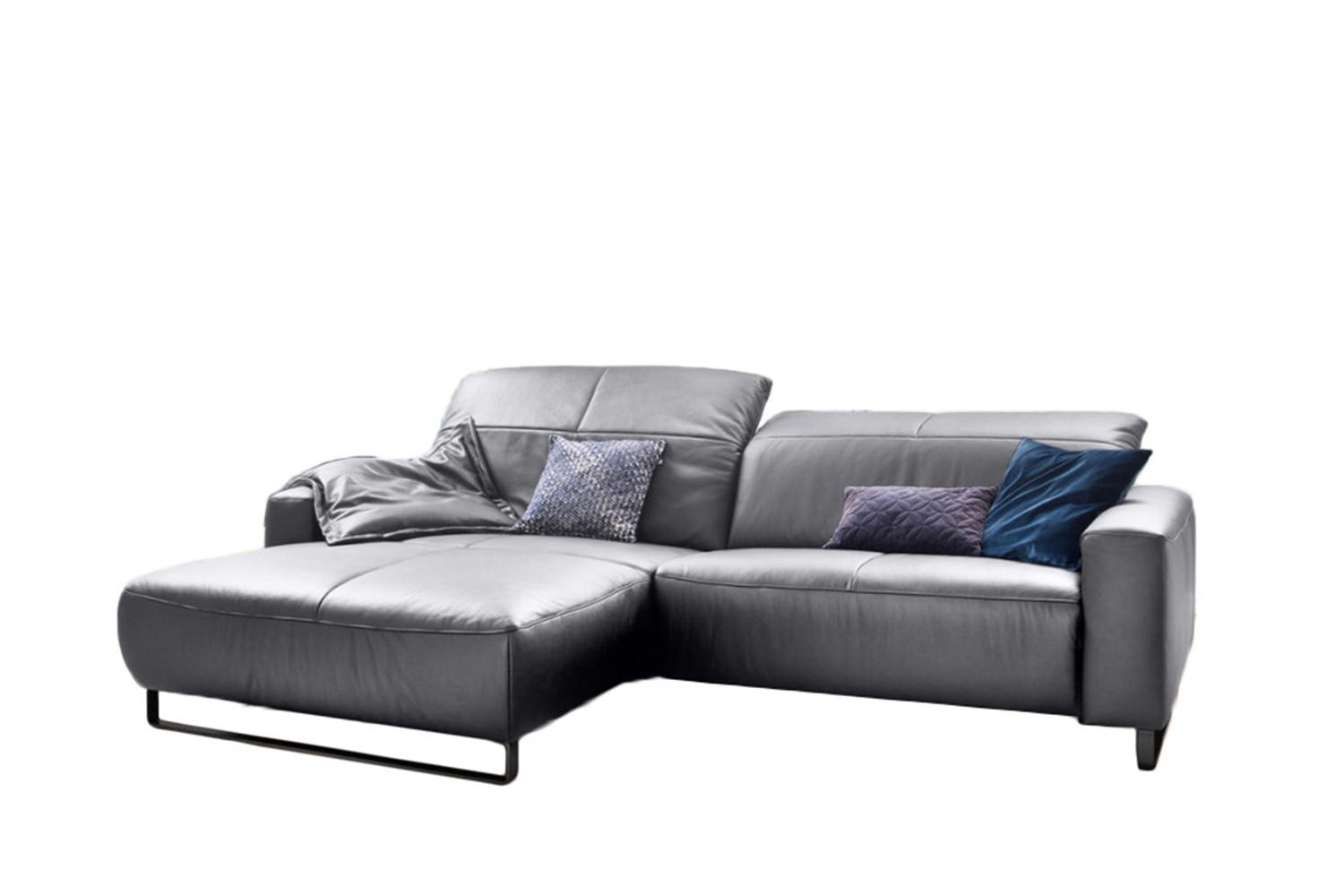 ECKSOFA MIT SITZTIEFENVERSTELLUNG YORK Hellgrau Leder - Hellgrau/Schwarz, Leder (284/180cm) - KAWOLA