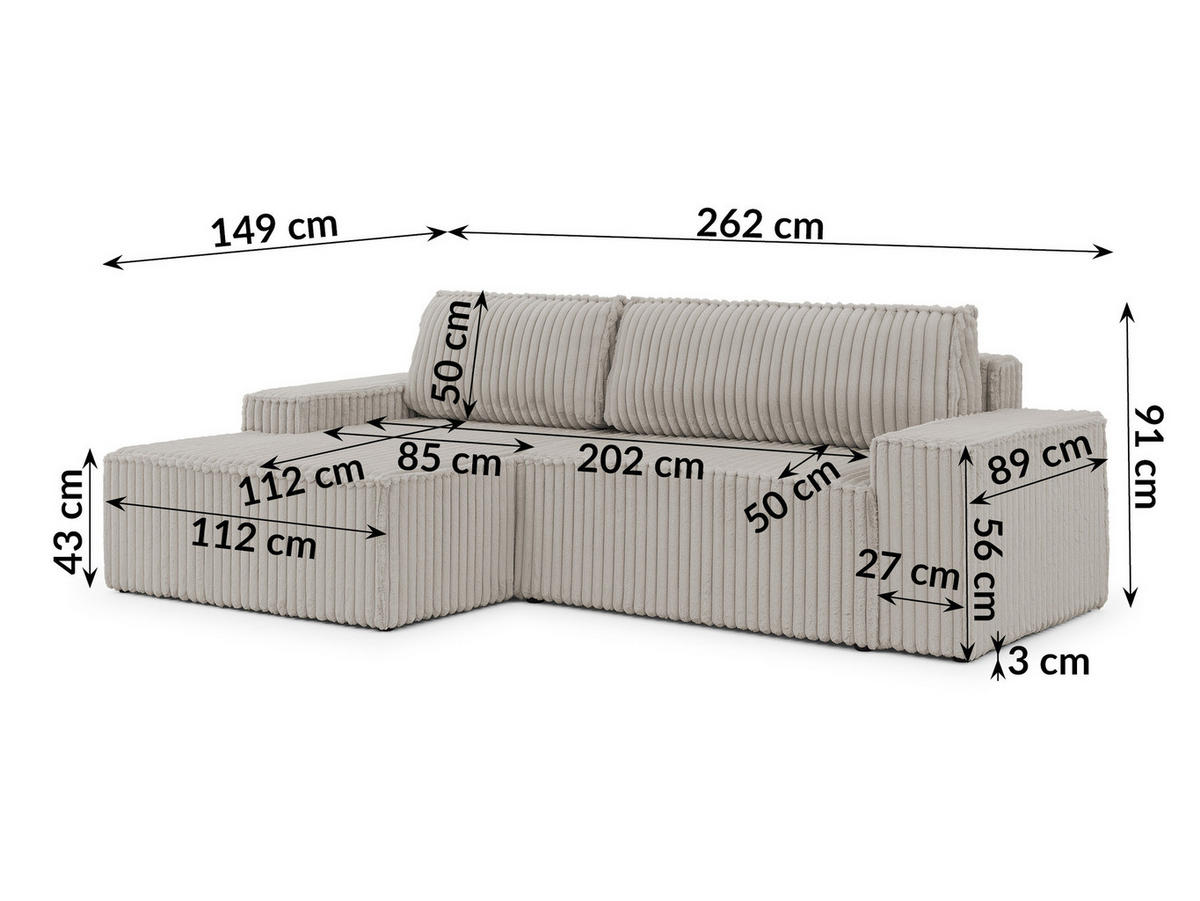 ECKSOFA Rivio mit Schlaffunktion und Bettkasten, Plüschcord Hellgrau - Hellgrau/Schwarz, Holz/Kunststoff (149/262cm) - S-Style