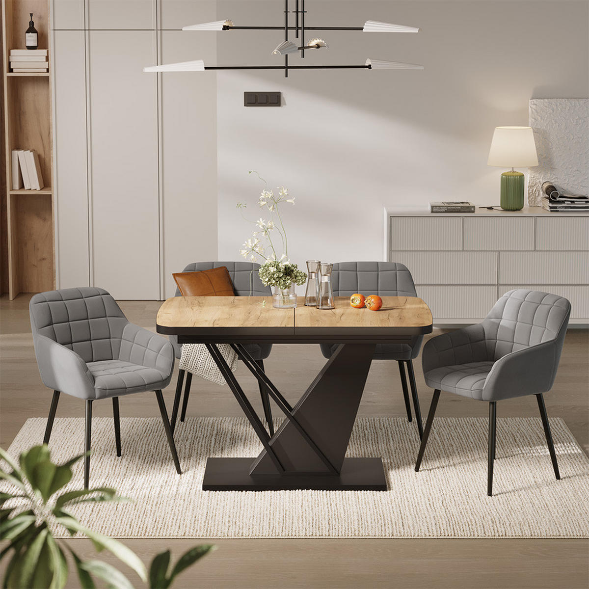 JEDILNA MIZA Fenaro, Zlati hrast z močjo/Črna, 120 x 80 cm s 4 jedilnimi stoli - črna/barve hrasta, leseni material (120/76/80cm) - Vicco