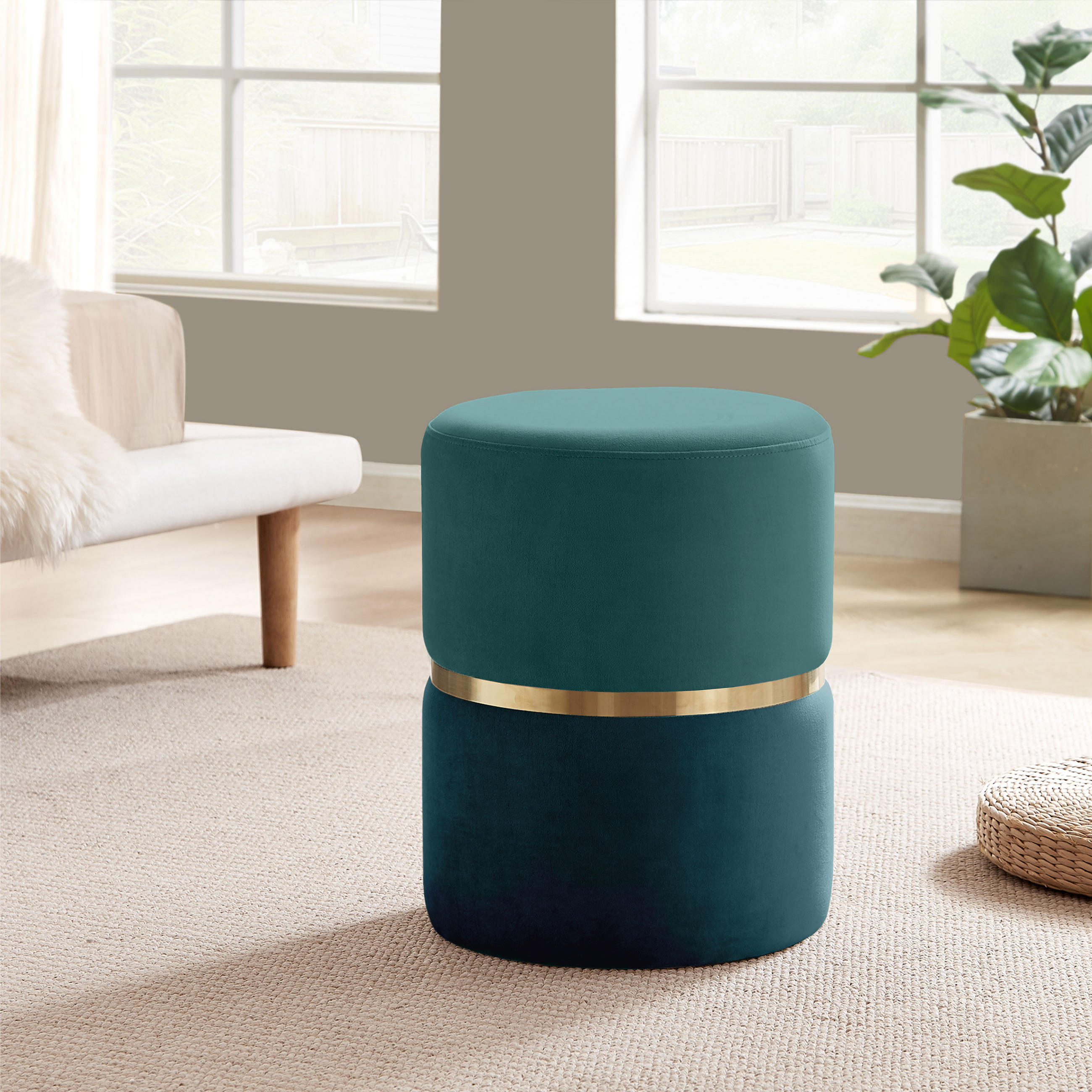 POUF Louise aus entenblauem Samt und goldfarbenem Metall - Blau, Holzwerkstoff/Textil (35/44/35cm) - Sicaan