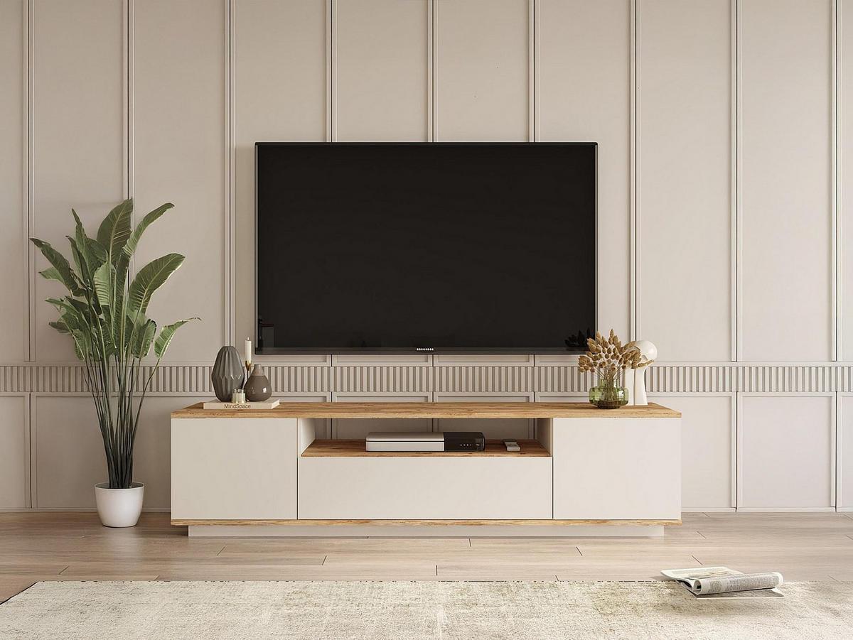 TV-MÖBEL mit 3 Türen & 1 Ablagefach - Beige & Holzfarben - LOTULA - Beige, Holz (180/44.6/44.5cm) - Vente-Unique