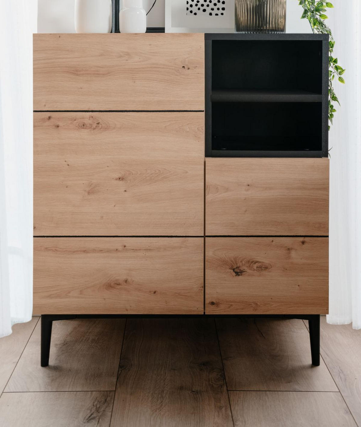 KOMMODE Eiche Artisan, schwarz 80 cm, Anrichte 2-türig mit 7 Fächern - Schwarz/Eiche Artisan, Holzwerkstoff (80/90/42cm) - Furn.Design