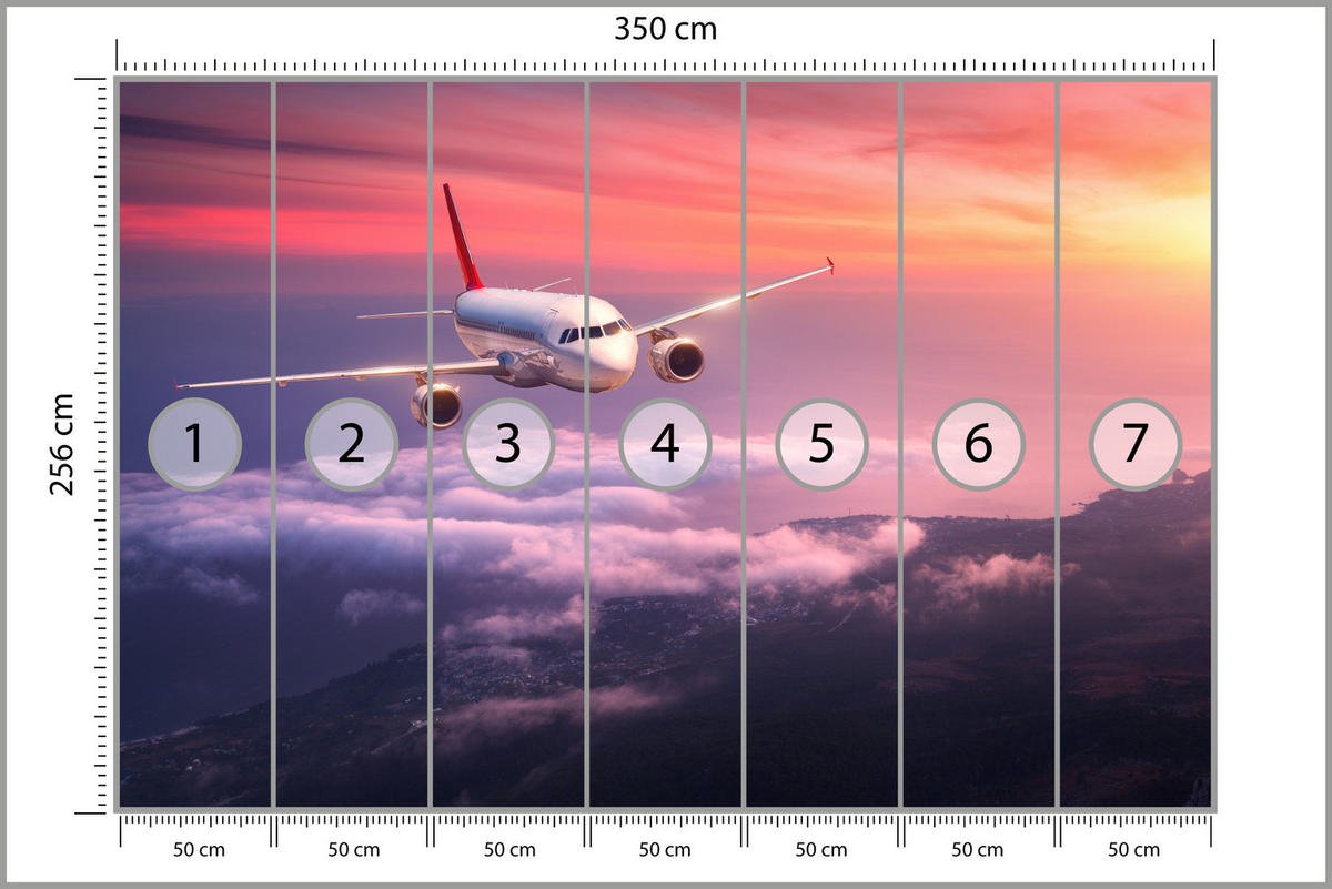 FOTOTAPETE für Wohnzimmer Flugzeug Sonnenuntergang Wolken Himmel 350x256 - Gelb/Rot, Papier (350/256cm) - Muralo