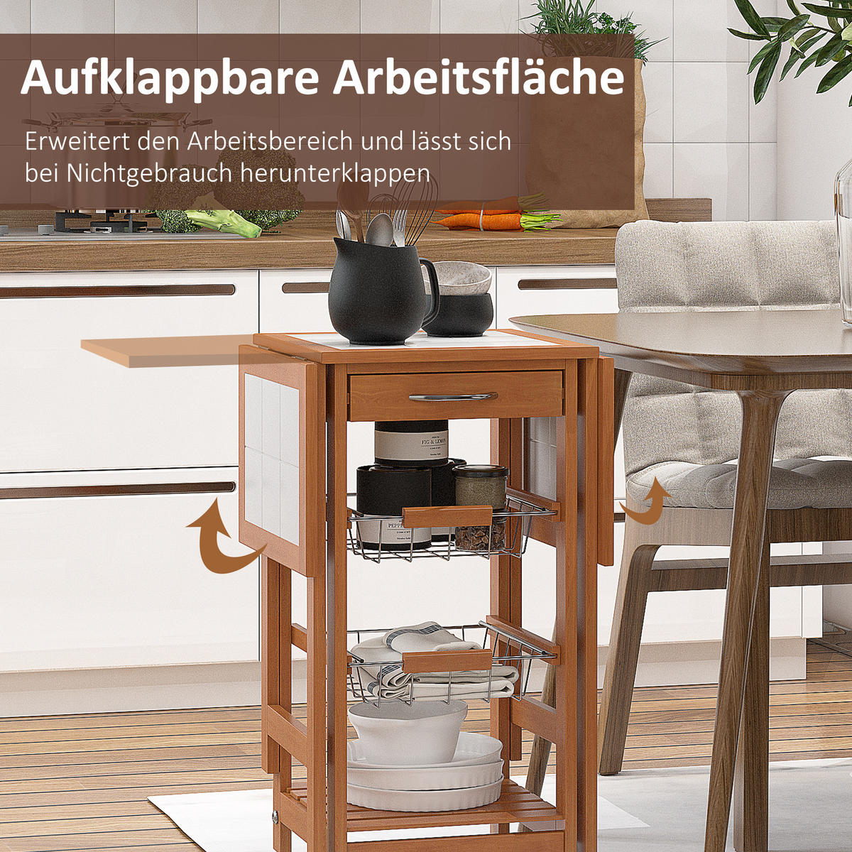 KÜCHENWAGEN, Kiefernholz, Naturholz - Naturfarben, Holz (37/75/91cm) - HOMCOM