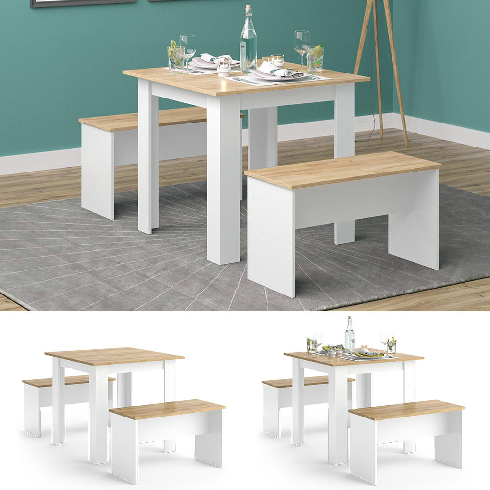ESSTISCH SET Sentio Weiß/Goldkraft Eiche 80 x 80 cm mit 2 Bänken - Honigeiche/Weiß, Holzwerkstoff (80/73/80cm) - Vicco