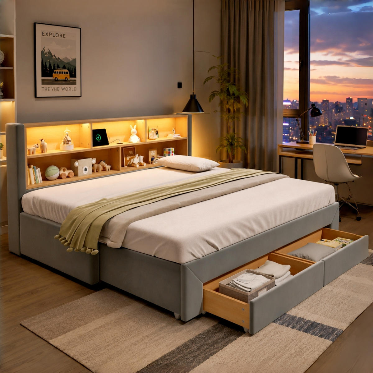 POLSTERBETT 90/200 cm & 180/200 cm in Grau mit Schubladen, offenen Fächern, USB, Type-C und LED Samt Design - Grau, Holzwerkstoff/Textil (90/200cm) - STILVORA