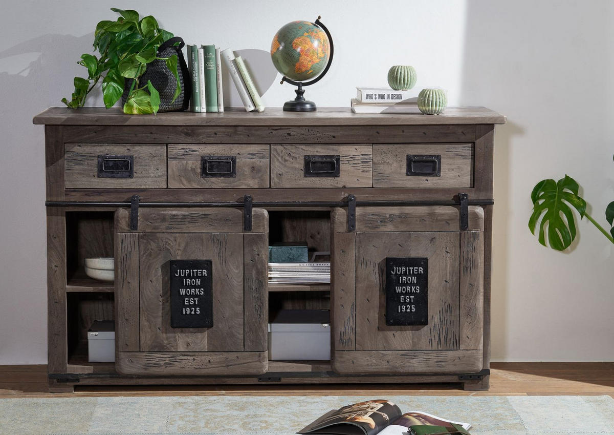 SIDEBOARD Mango 150x45x90 grau lackiert RAILWAY #220 - Grau, Holz (150/90/45cm) - Massivmoebel24