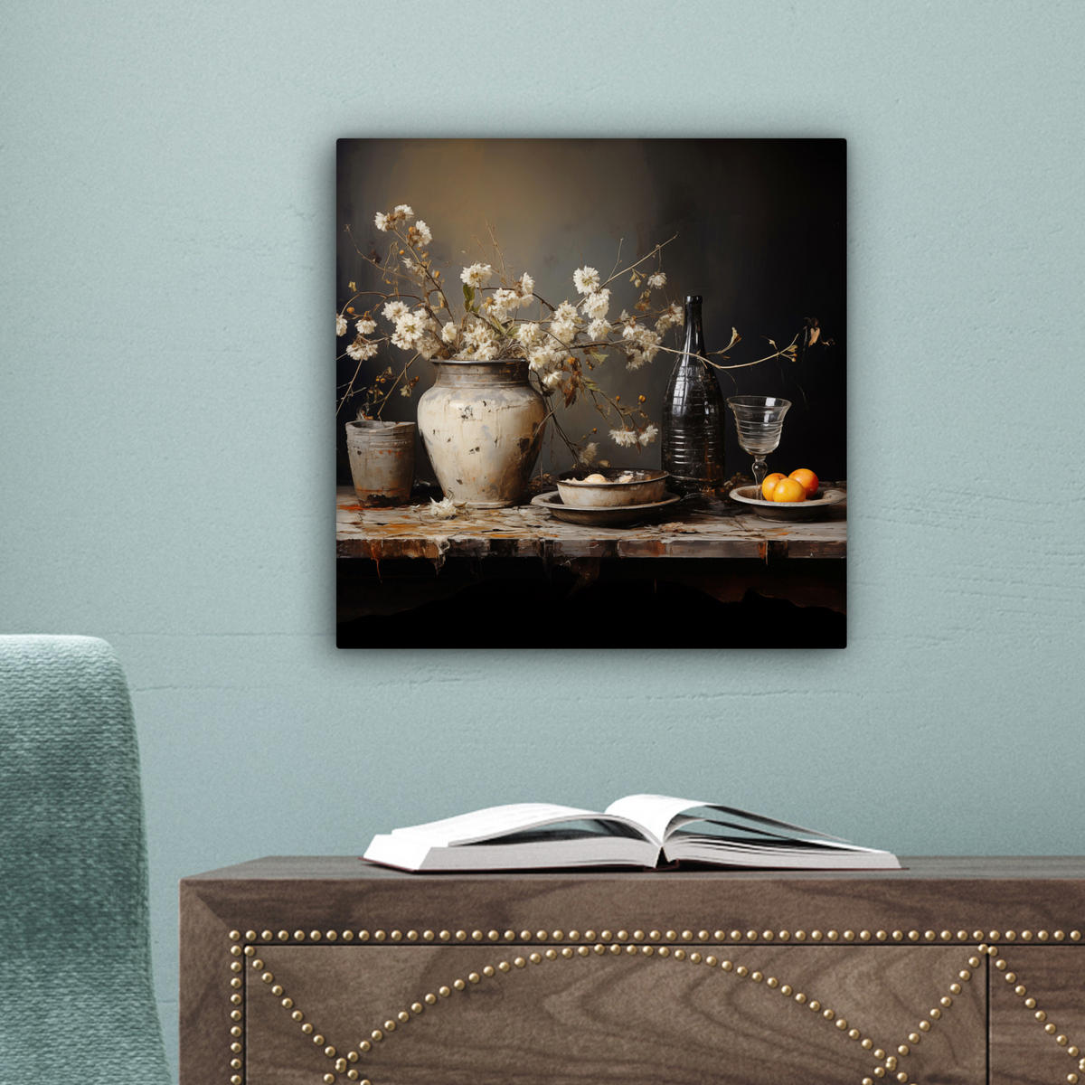 LEINWANDBILD Stilleben - Blumen - Blumenstrauß - Vase - Wein Deko Wohnzimmer 20x20 cm - Schwarz, Textil (20/20cm) - MuchoWow