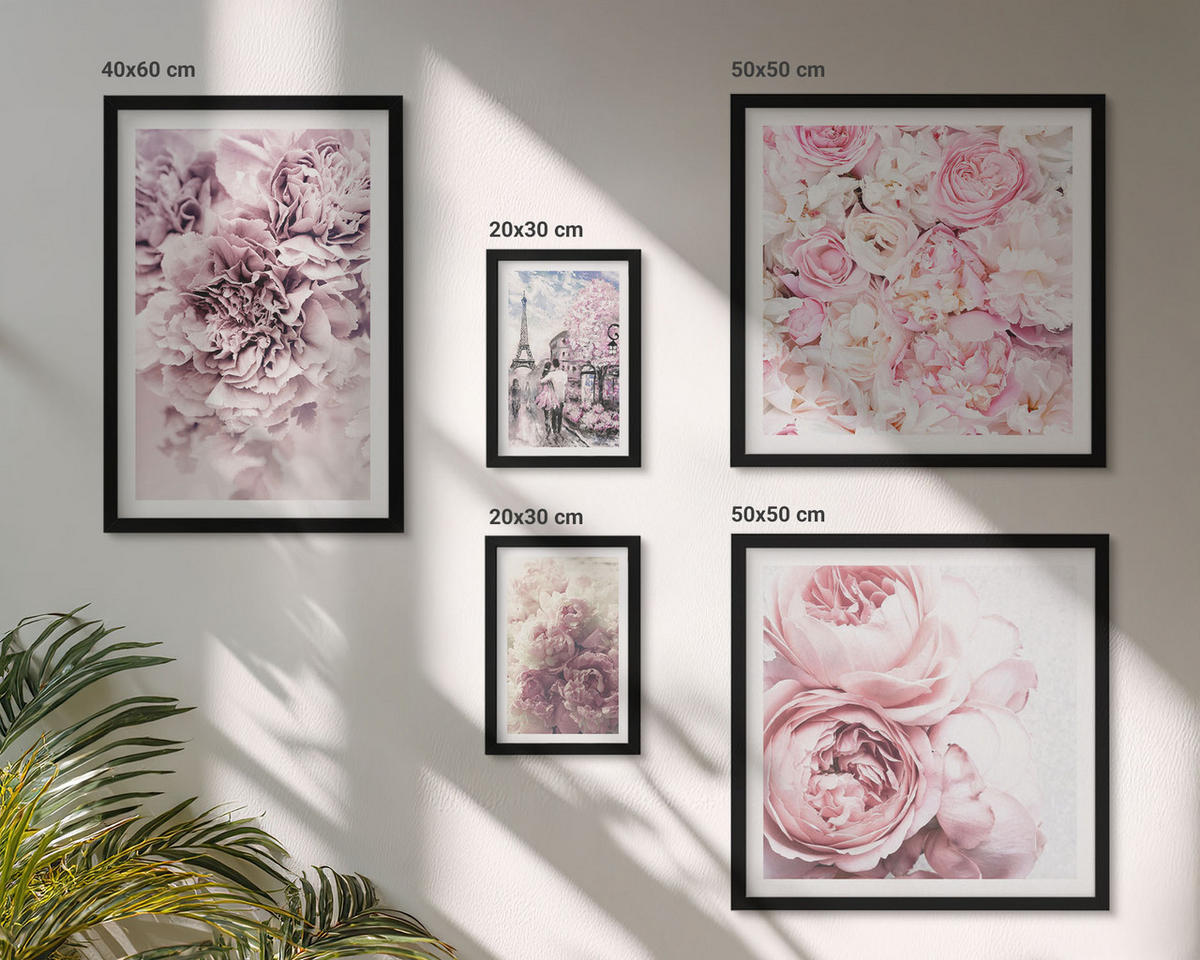 WANDBILDER 5er-Set - 50x50 cm & 20x30 cm & 40x60 cm Schwarzer Rahmen - Rosa Blumen, romantische Landschaft - Schwarz, Kunststoff (40/60cm) - ArtPrintCave