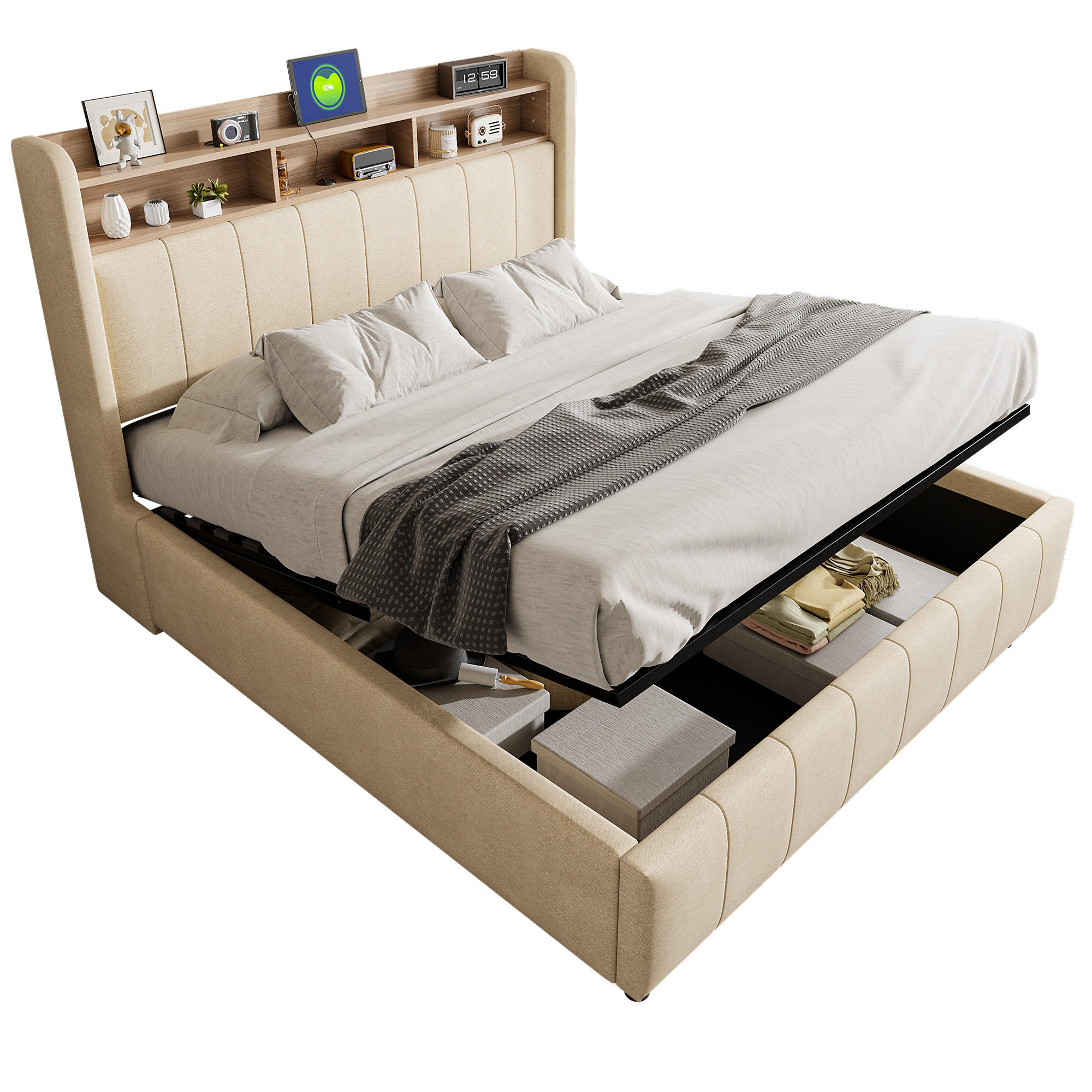 WISHDOR ČALOUNĚNÁ POSTEL 160x200 cm béžová s lněným vzhledem, úložným prostorem, LED osvětlením, USB a Type-C portem