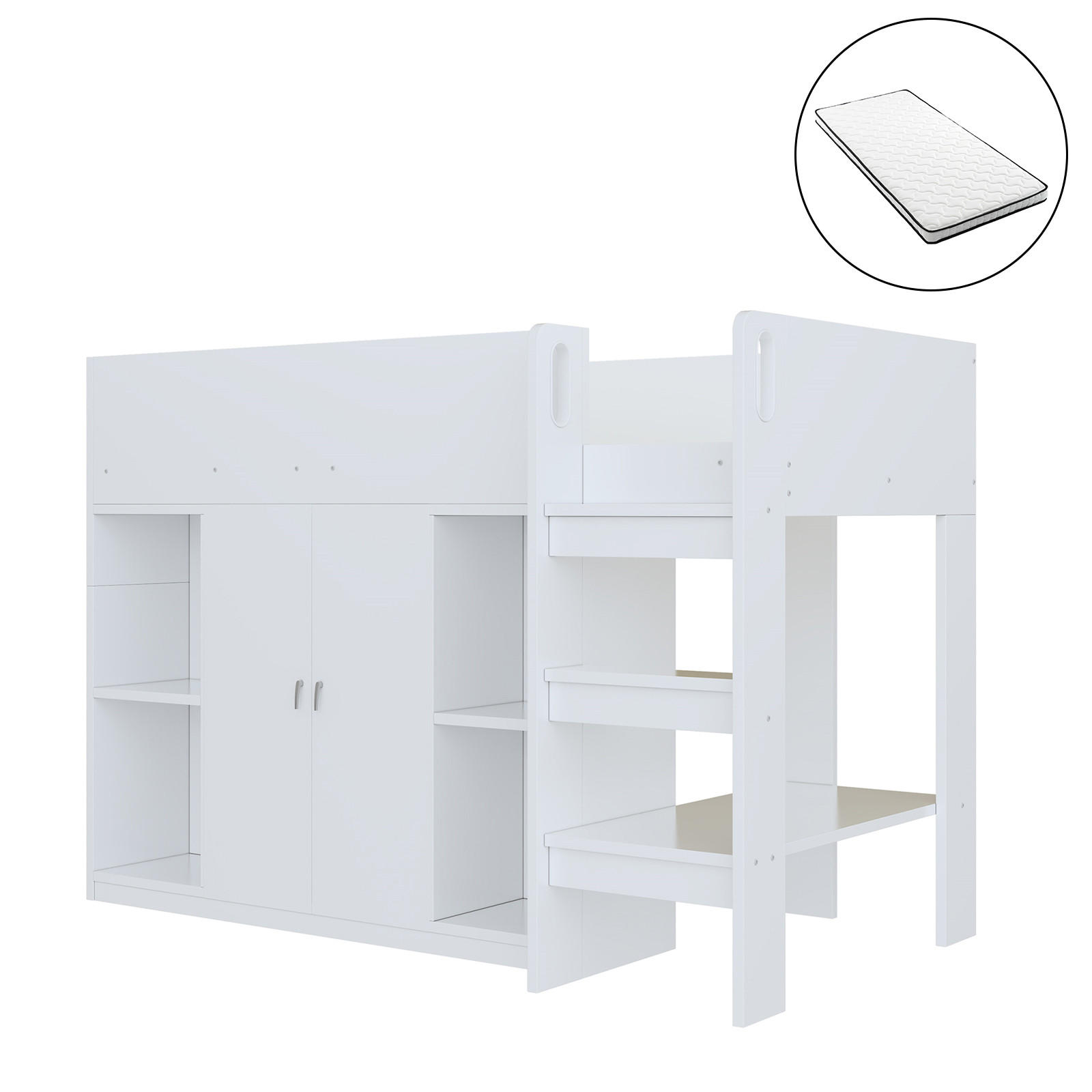 HOCHBETT 90/200 cm Weiß mit Stauraum Schrank und Regalen mit Matratze - Weiß, Holzwerkstoff (90/200cm) - OKWISH