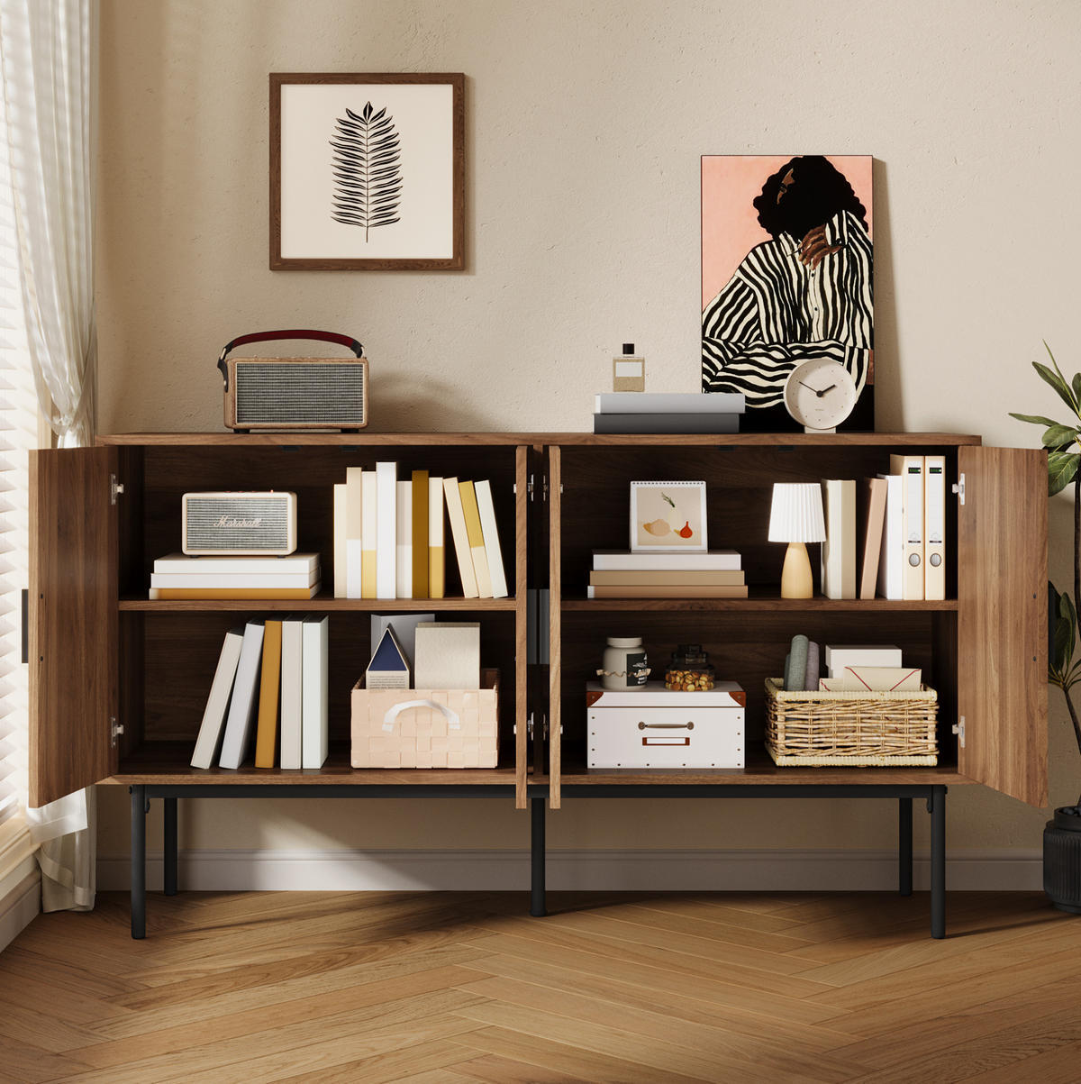 KOMMODE 140/40/80 cm mit 4 Türen und Soft-Close im Rattan-Look - Naturfarben, Holzwerkstoff (140/80/40cm) - BEAOK