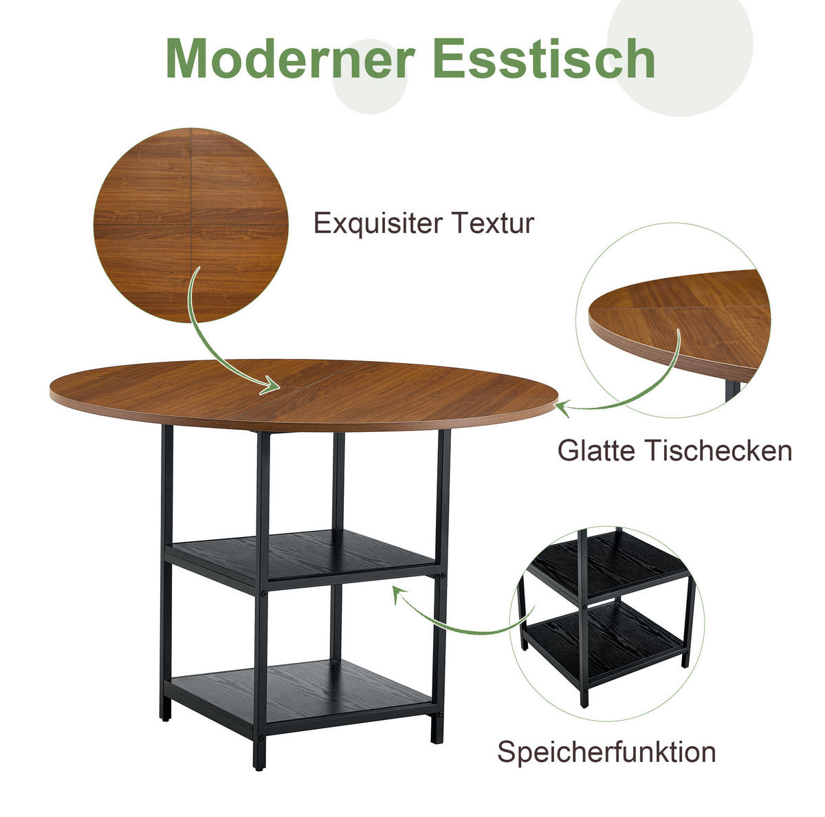 ESSTISCH-SET 3-tlg. rund 107 cm Schwarz/Walnussoptik - Schwarz, Metall (107/75/107cm) - Meubliv