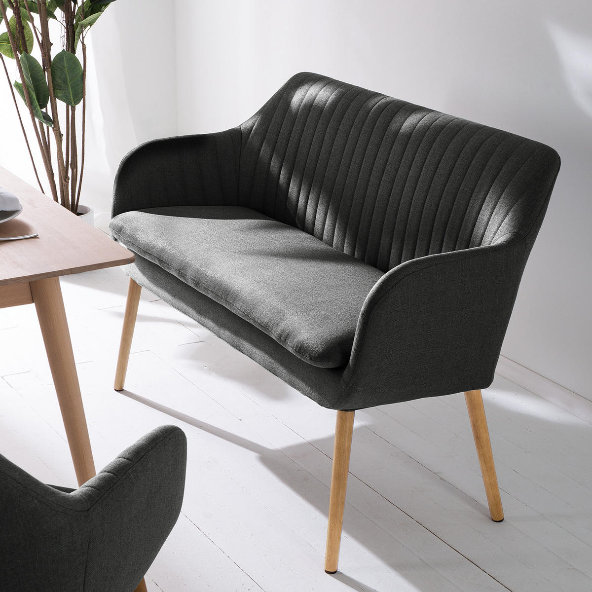 KÜCHENSOFA - Webstoff / Massivholz Eiche - Dunkelgrau, Eichenholz/Holz (130/85/62cm) - home24