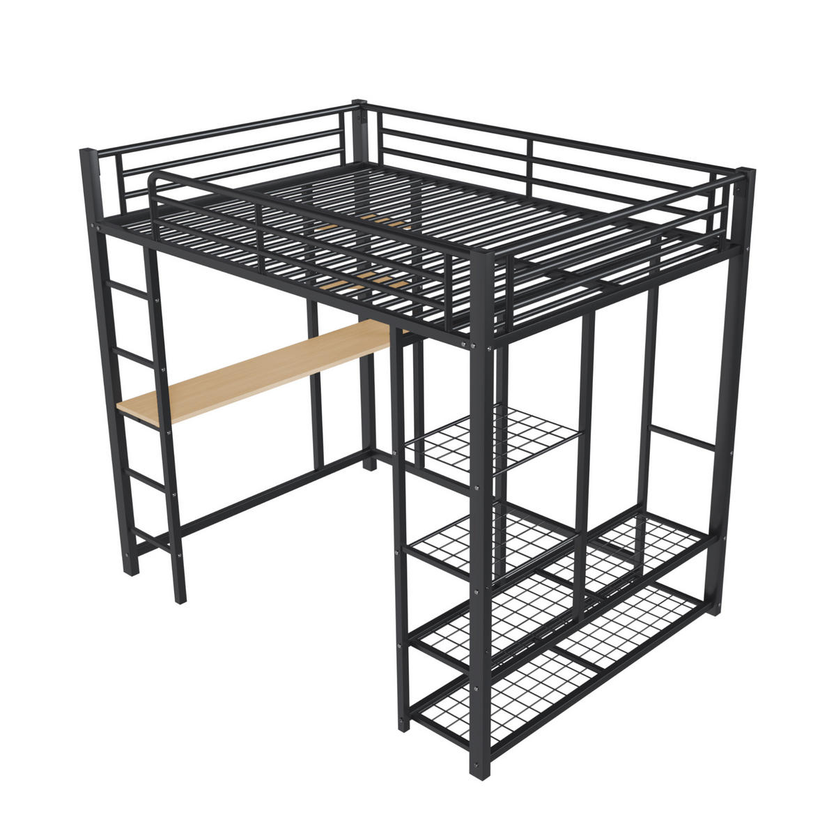 HOCHBETT mit Schreibtisch 140/200 cm in Schwarz – aus Metall mit Leiter und Stauraum - Schwarz, Metall (140/200cm) - BEAOK