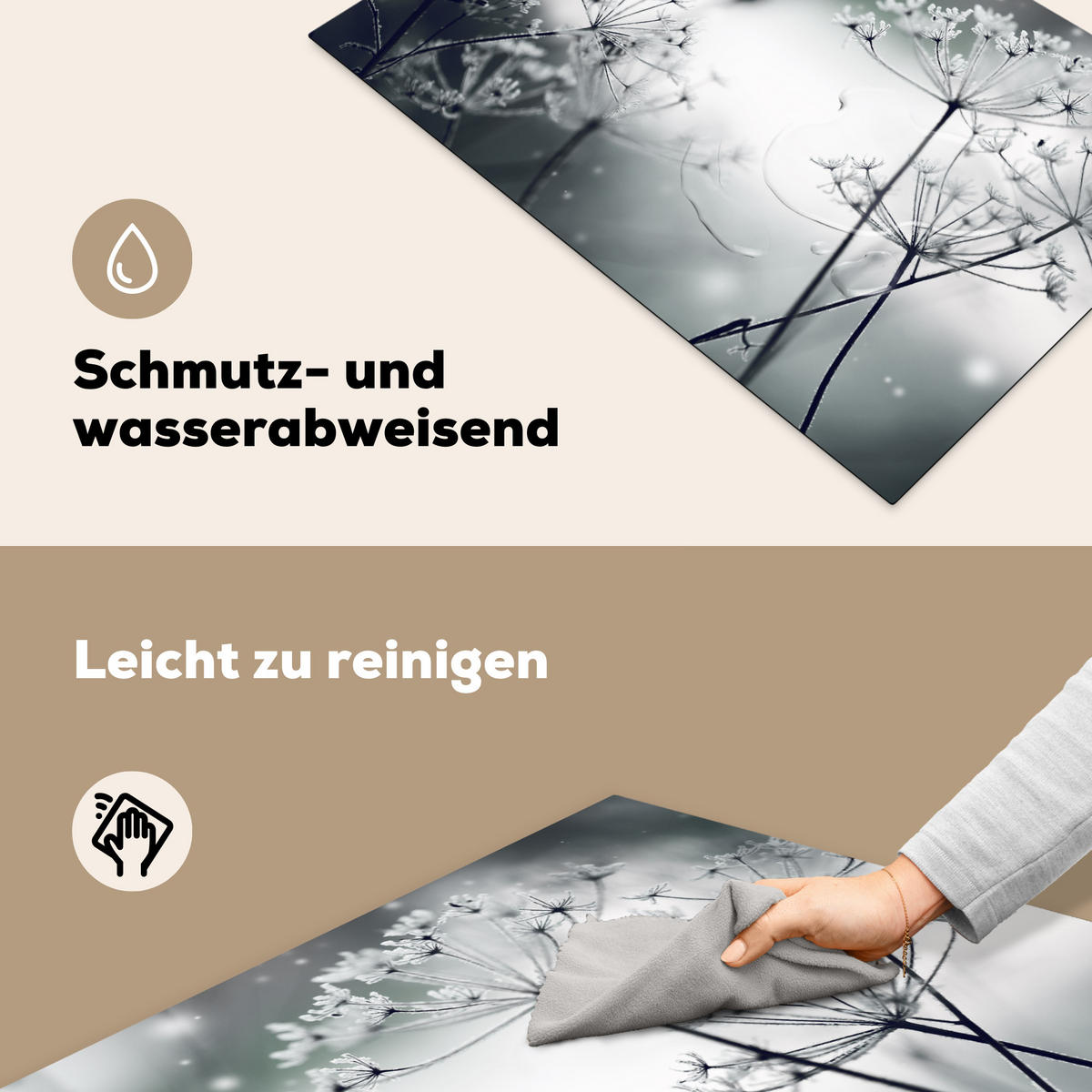 HERDABDECKPLATTE Blumen - Winter - Schnee - Natur Ceranfeldabdeckung 80x52 cm - Grau, Kunststoff (80/52/0.2cm) - MuchoWow