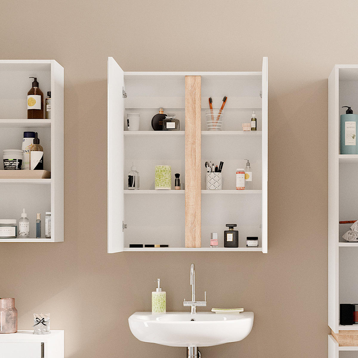BADSPIEGELSCHRANK Gloria Weiß 70.4 x 84 cm mit 2 Türen - Weiß/Sonoma Eiche, Holzwerkstoff (70.4/84/15.9cm) - Vicco