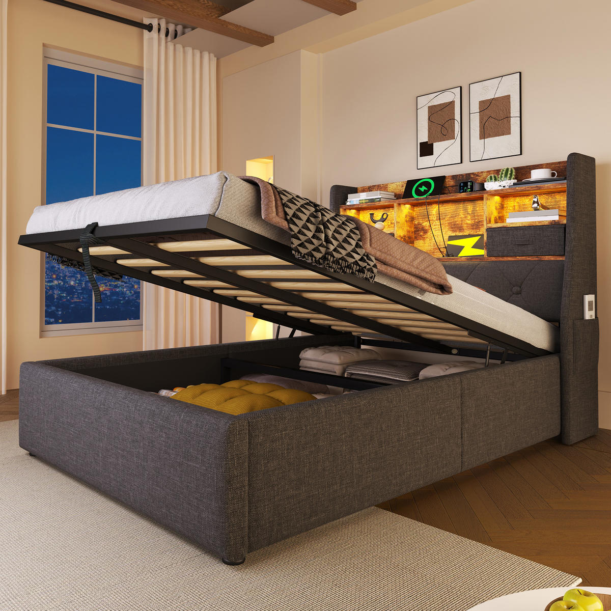 POLSTERBETT 90/200 cm mit LED, USB- und Type-C-Anschlüssen, hydraulischem Stauraum und Matratze, Grau - Grau, Textil (90/200cm) - Redom